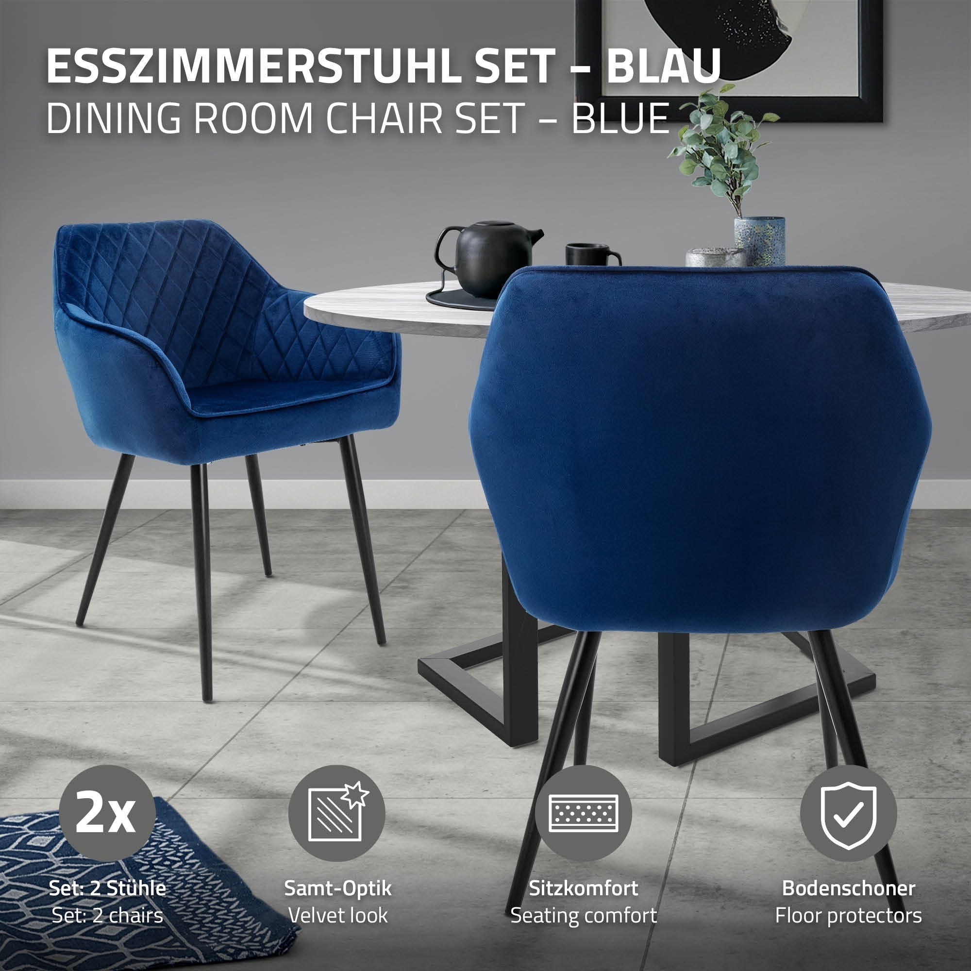 Blauer Esszimmerstuhl mit runder Sitzfläche und schwarzem Gestell.