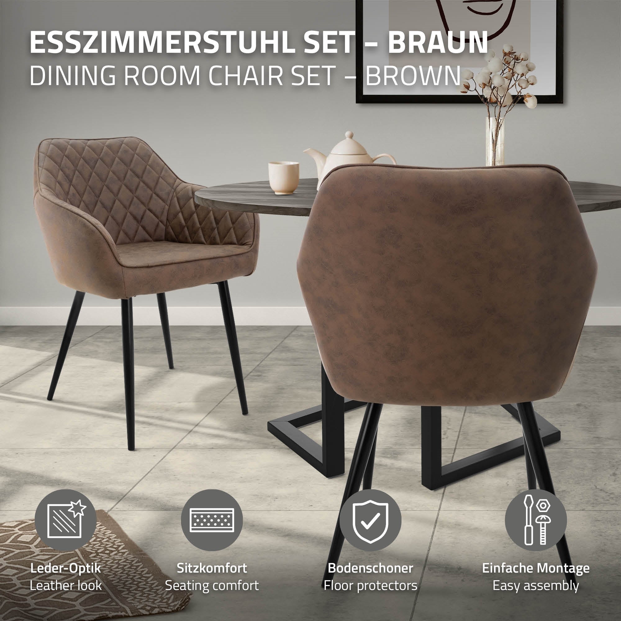 Brauner Esszimmerstuhl in einem Raum mit Tisch und Bodenbelag.