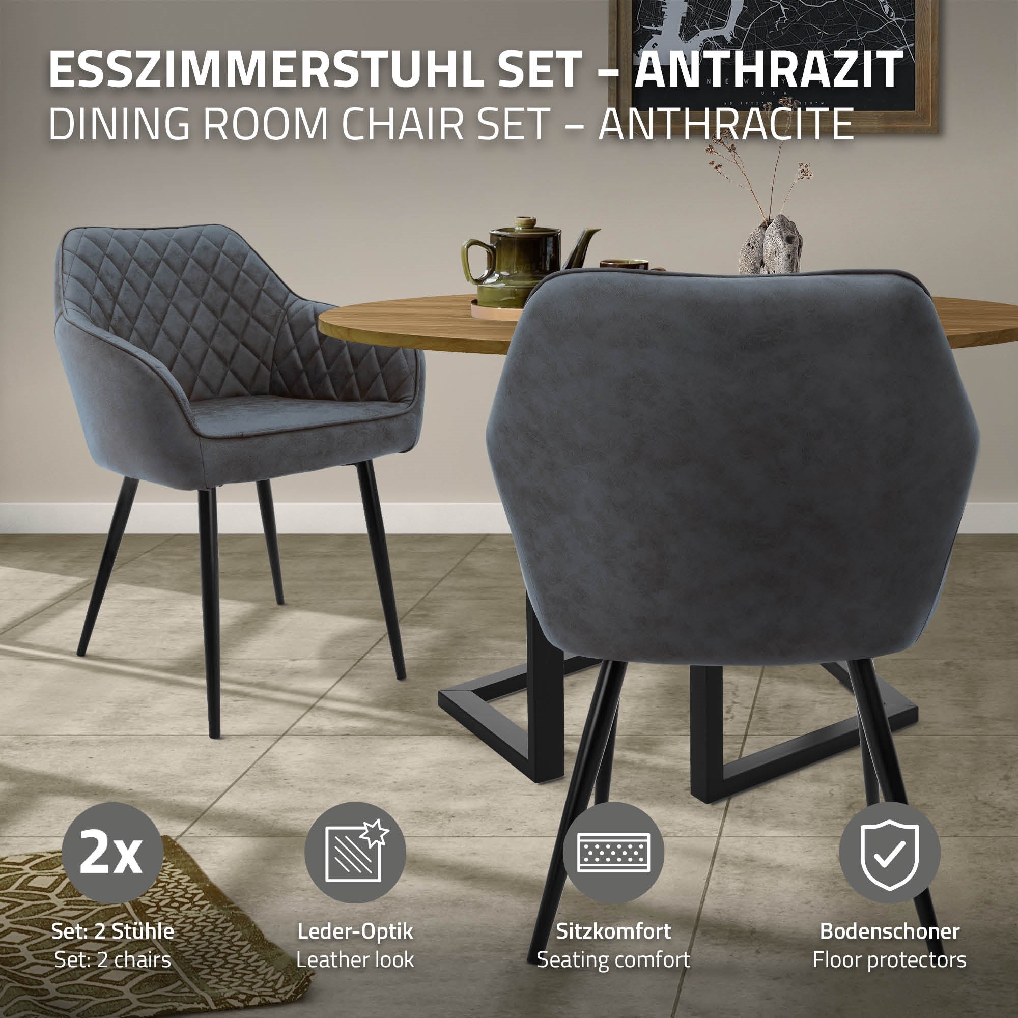 Esszimmerstuhl-Set in Anthrazit an einem Tisch.