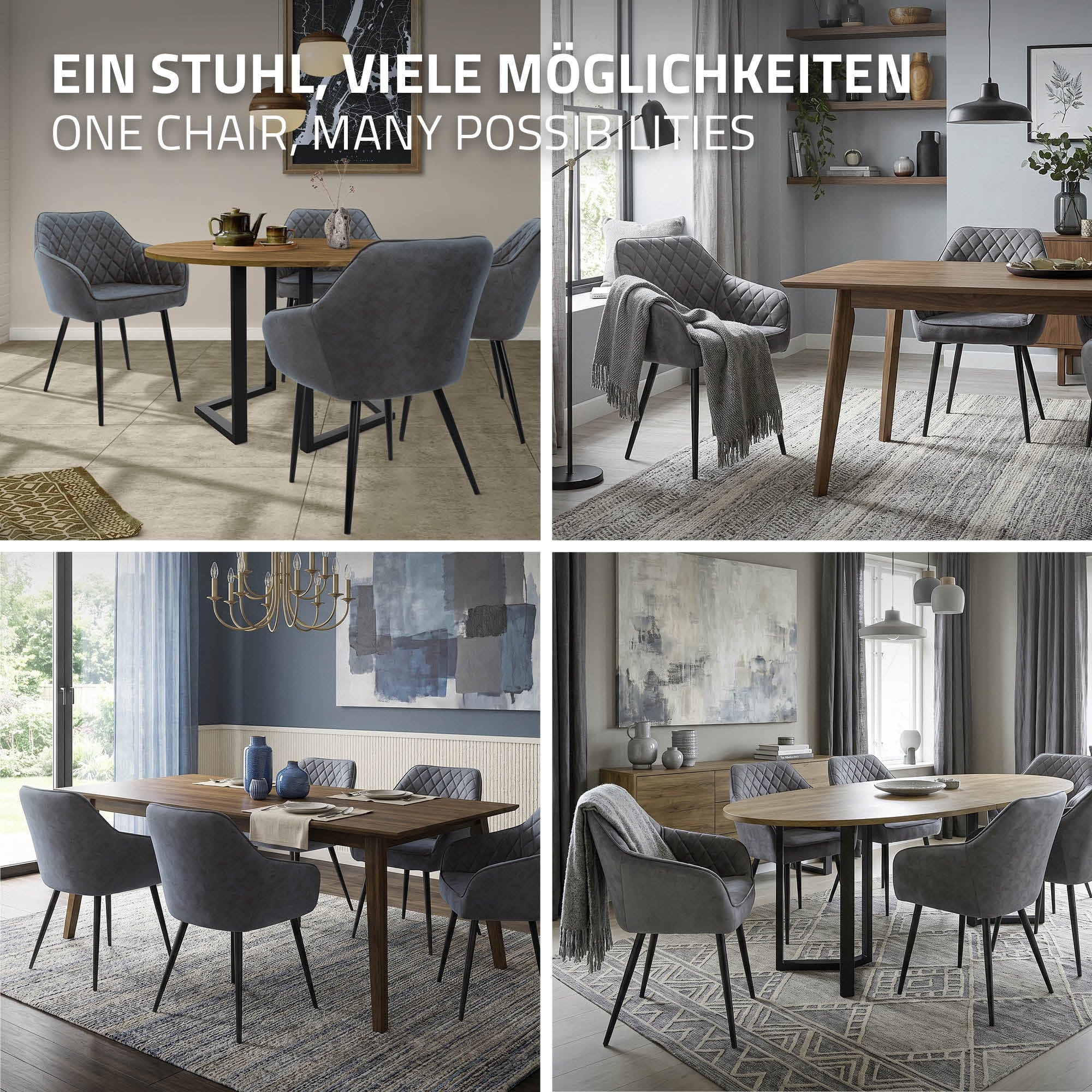Ein Essbereich mit einem Tisch und verschiedenen Stühlen in einem hellen Raum.