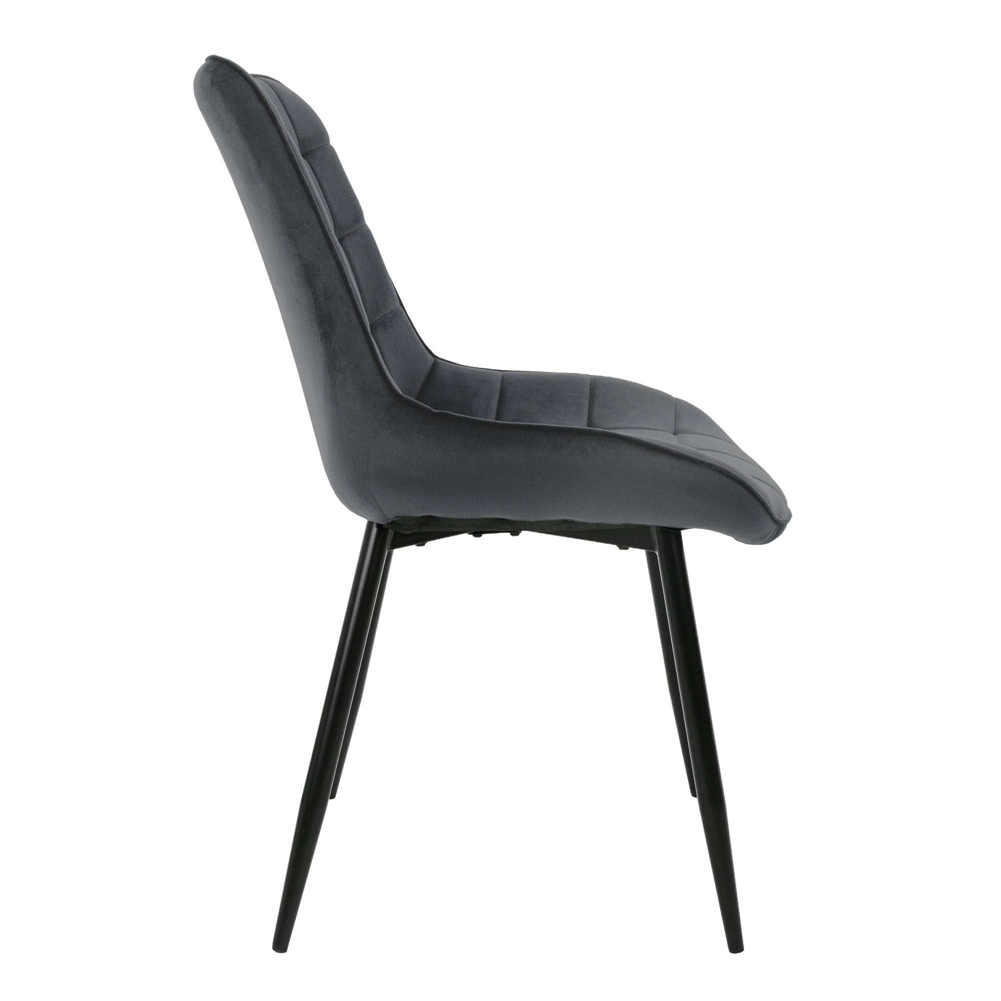 A gray chair with a black frame from the side.