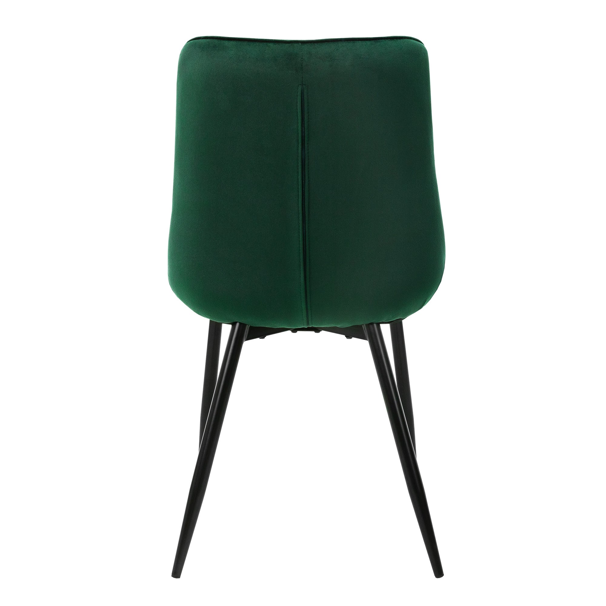 Vista posteriore di una sedia verde con seduta imbottita e gambe nere.