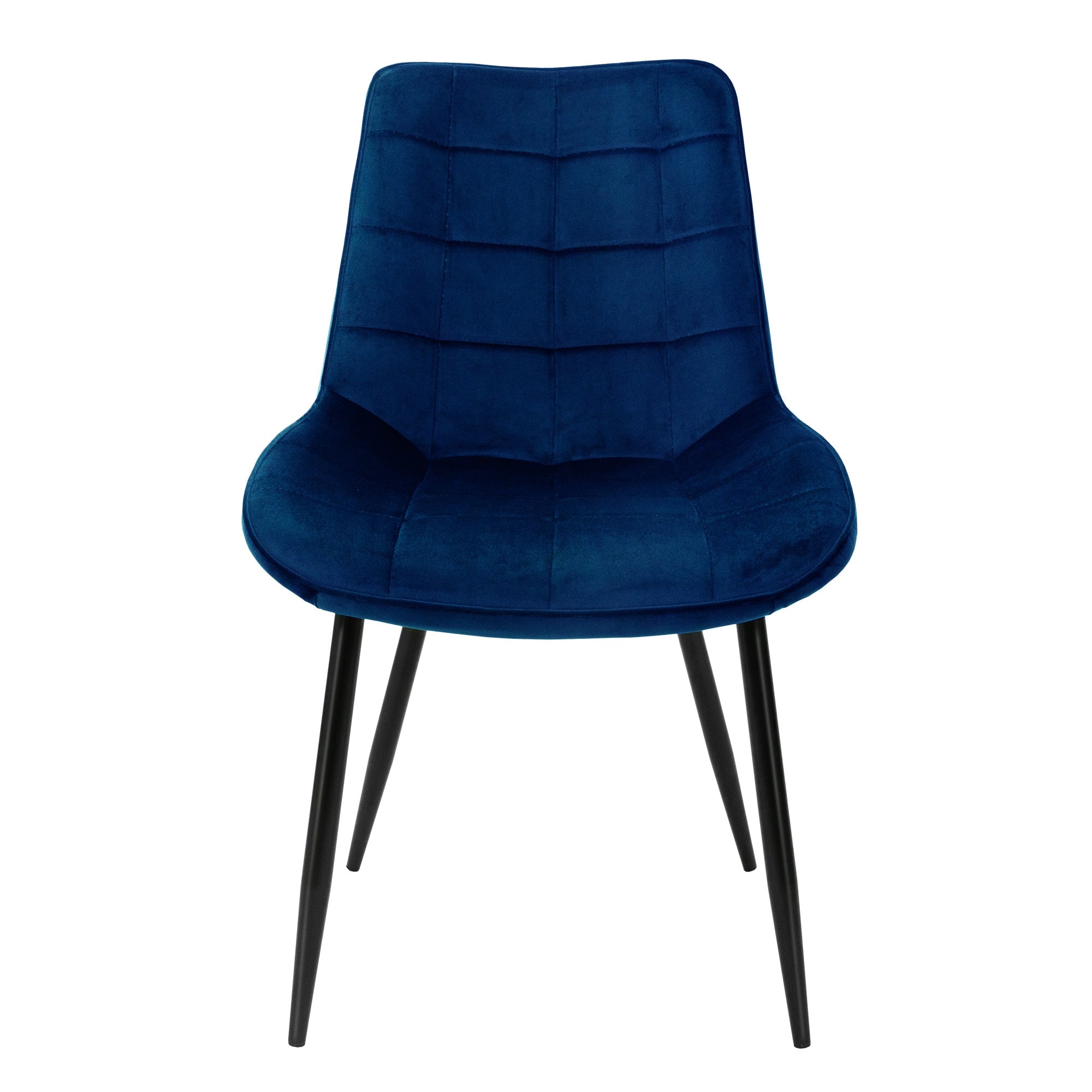 A blue chair with a black frame from the front.