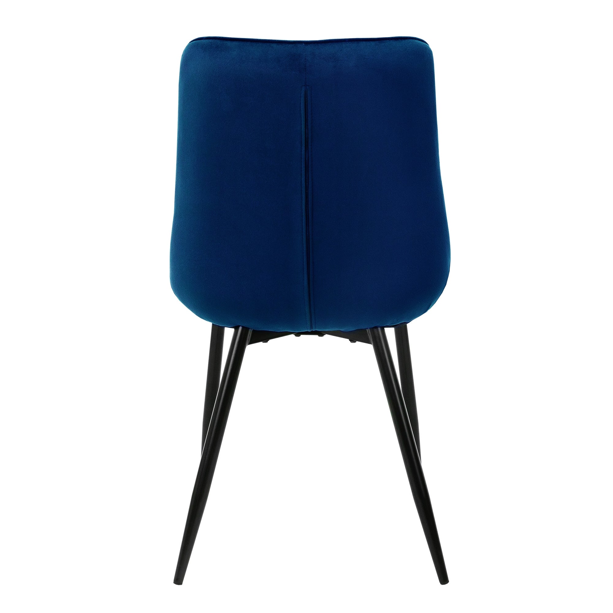 Rear view of a blue chair with a curved backrest.