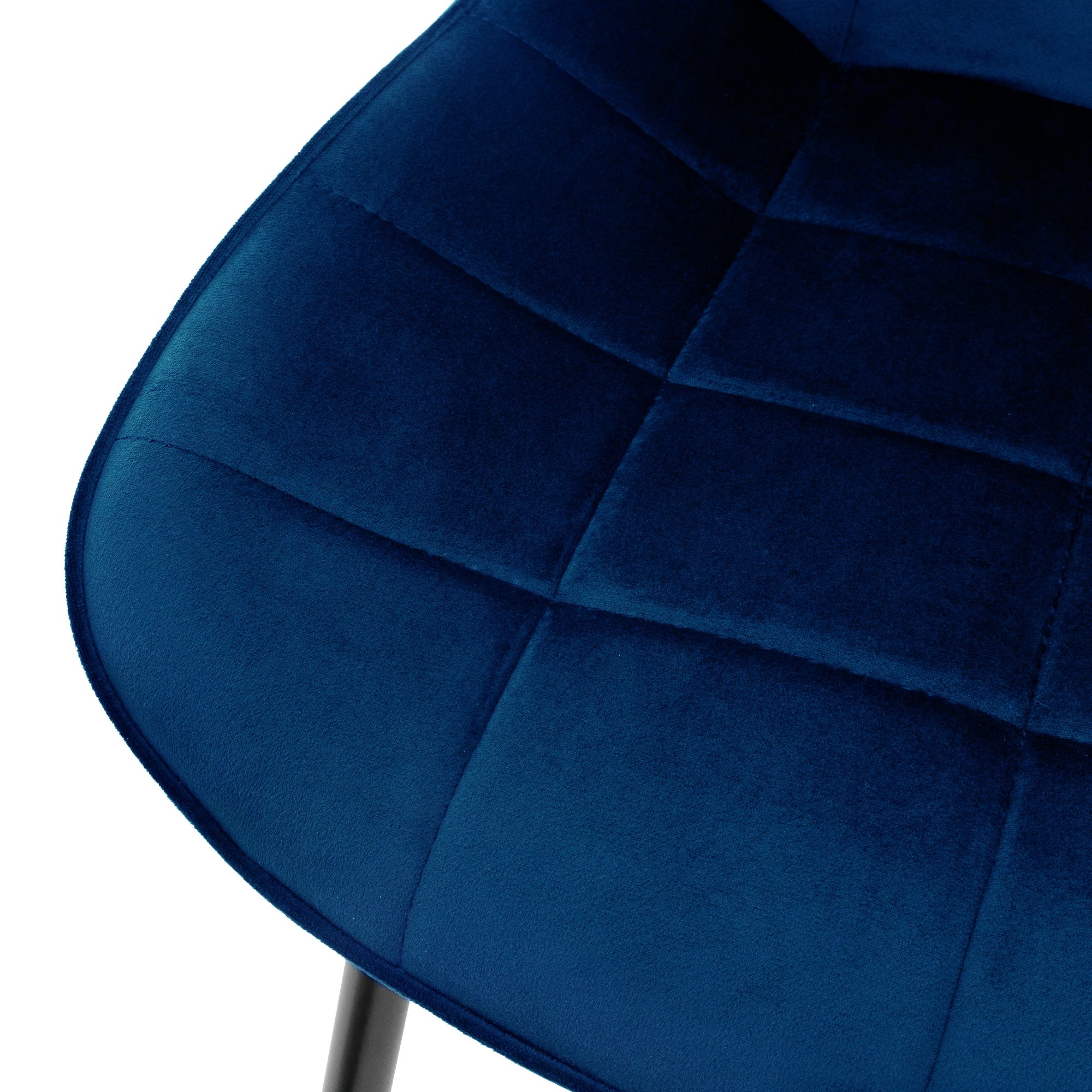 Close-up of a blue chair with a padded seat.