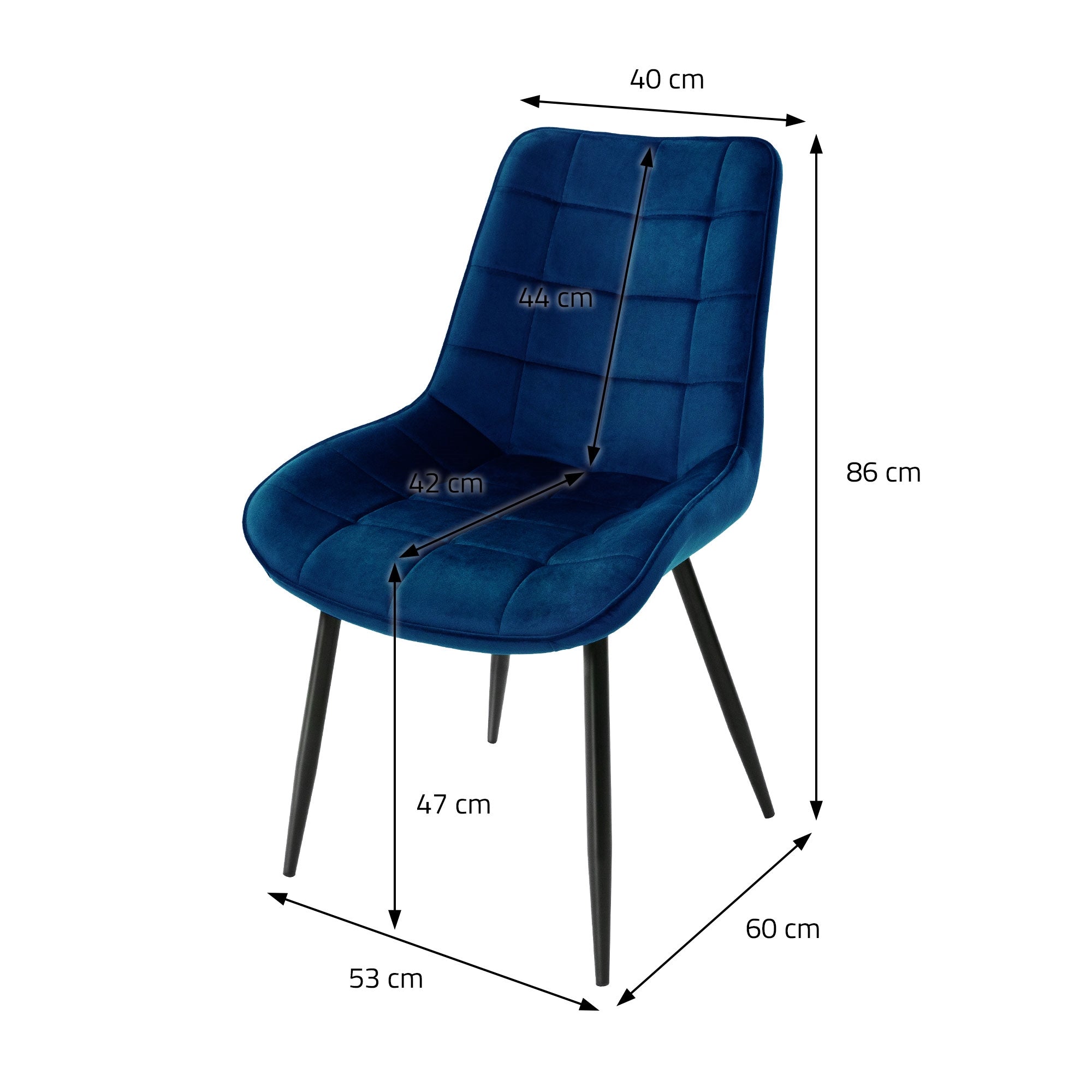 Blue chair with dimensions: height 86 cm, width 53 cm, depth 60 cm.