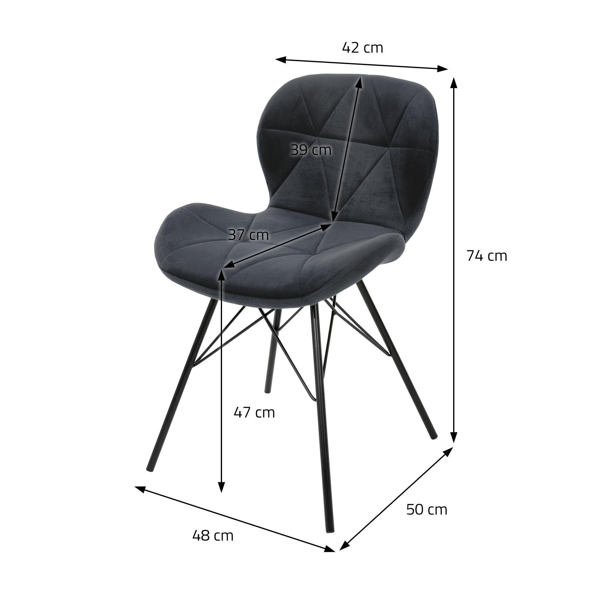 Grau gefärbter Stuhl mit Maßen: Höhe 74 cm, Breite 50 cm, Tiefe 48 cm.