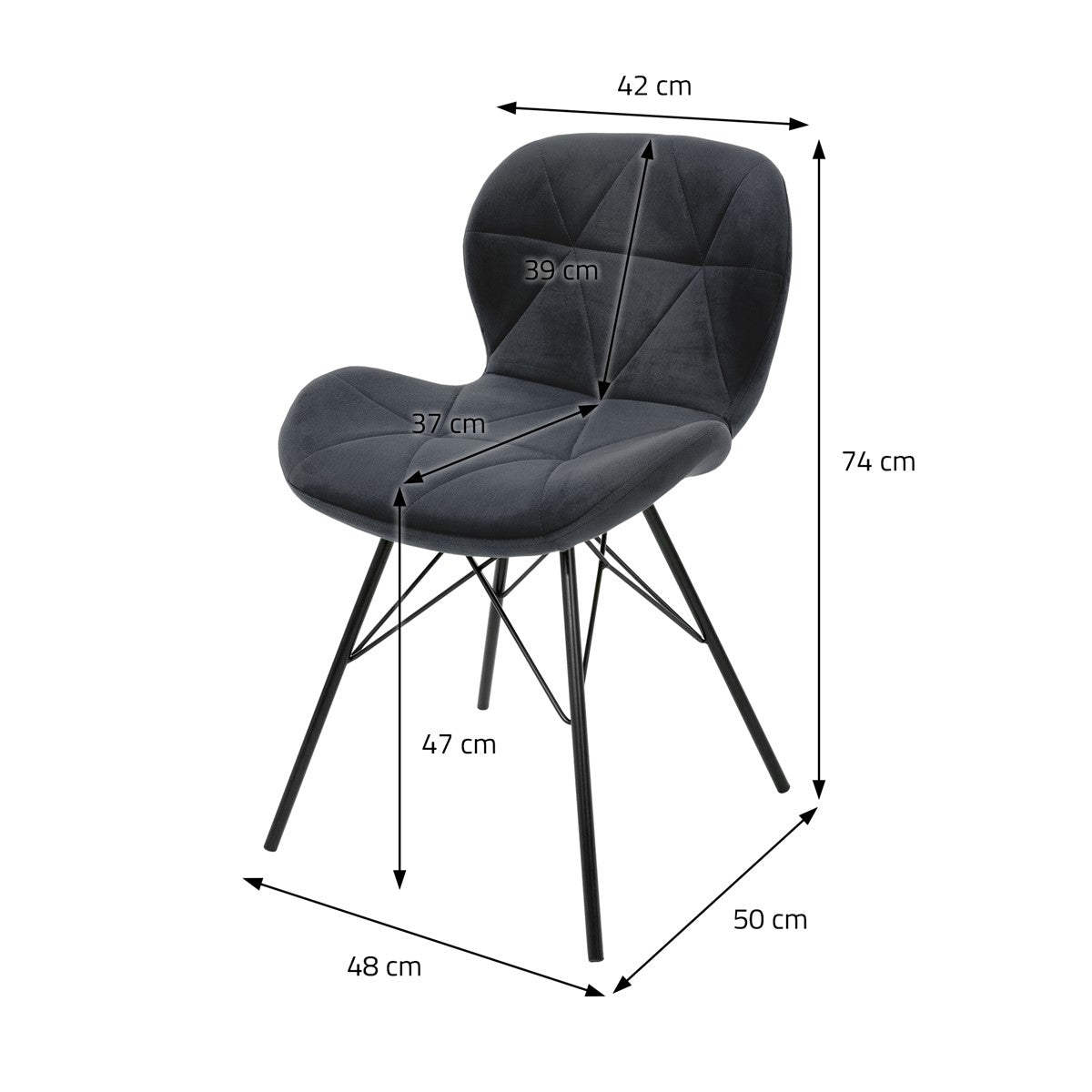 Sivá stolička s rozmermi: výška 74 cm, šírka 50 cm, hĺbka 48 cm.