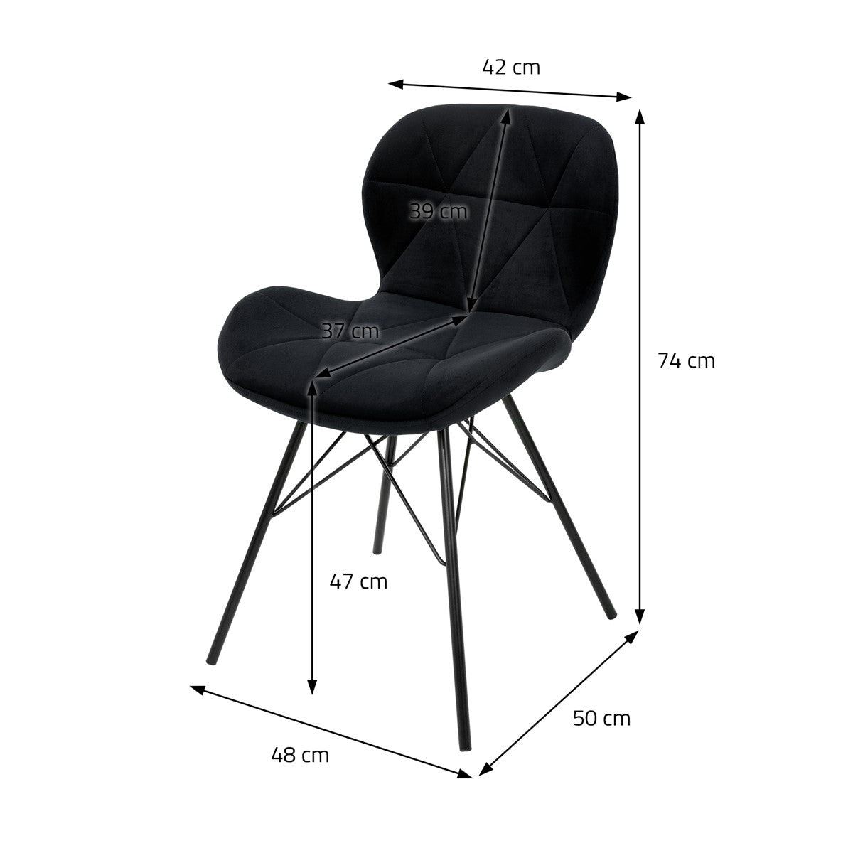 Schwarzer Stuhl mit Maßen: Höhe 74 cm, Breite 50 cm, Tiefe 48 cm.