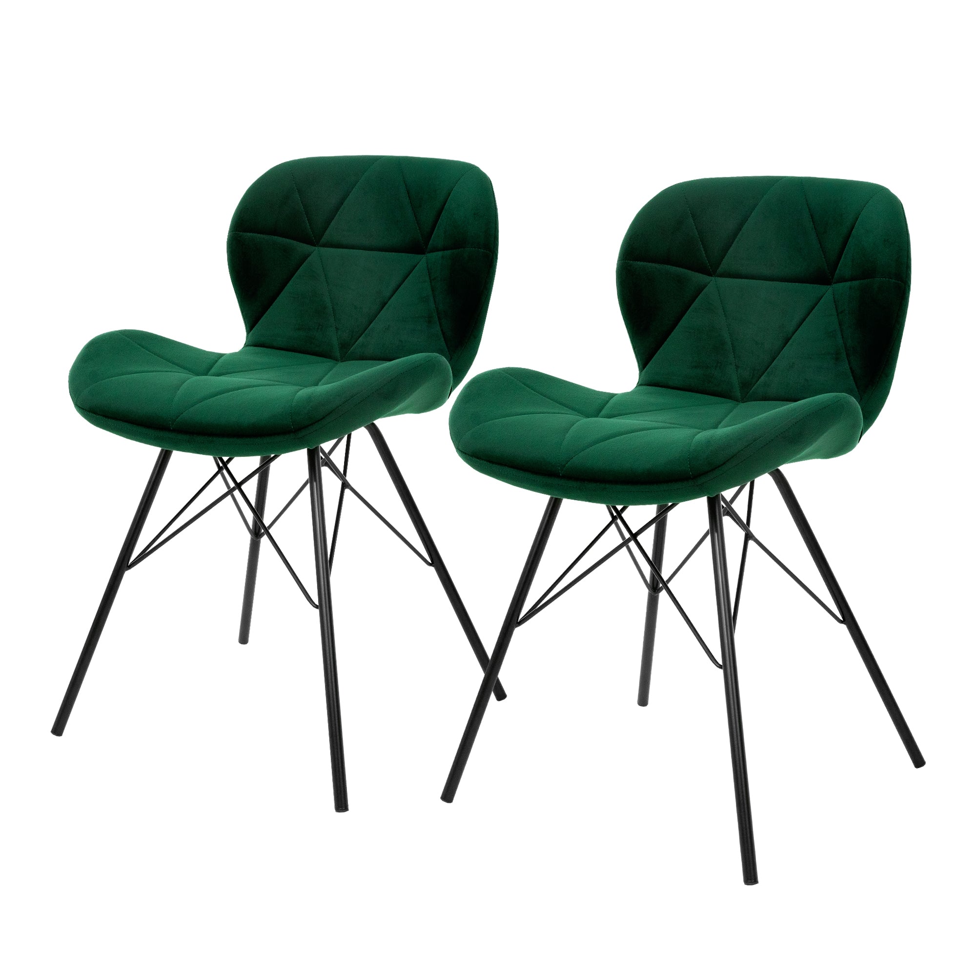 Zwei grüne Stühle mit gepolsterter Sitzfläche auf einem weißen Hintergrund.