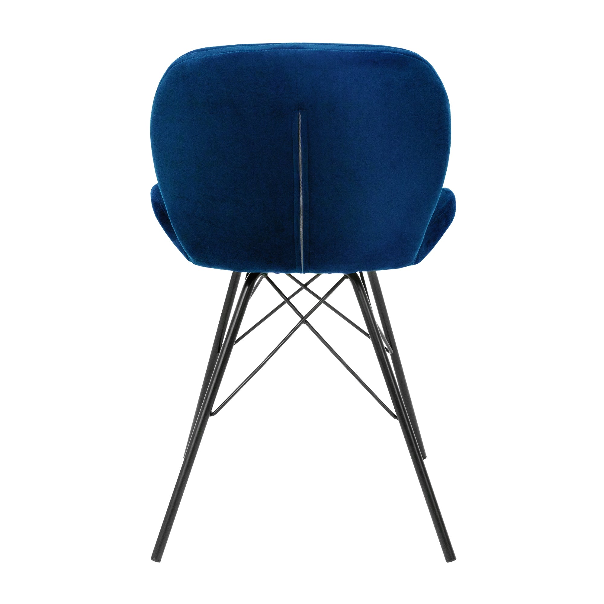 Sedia blu con schienale curvo e gambe nere.
