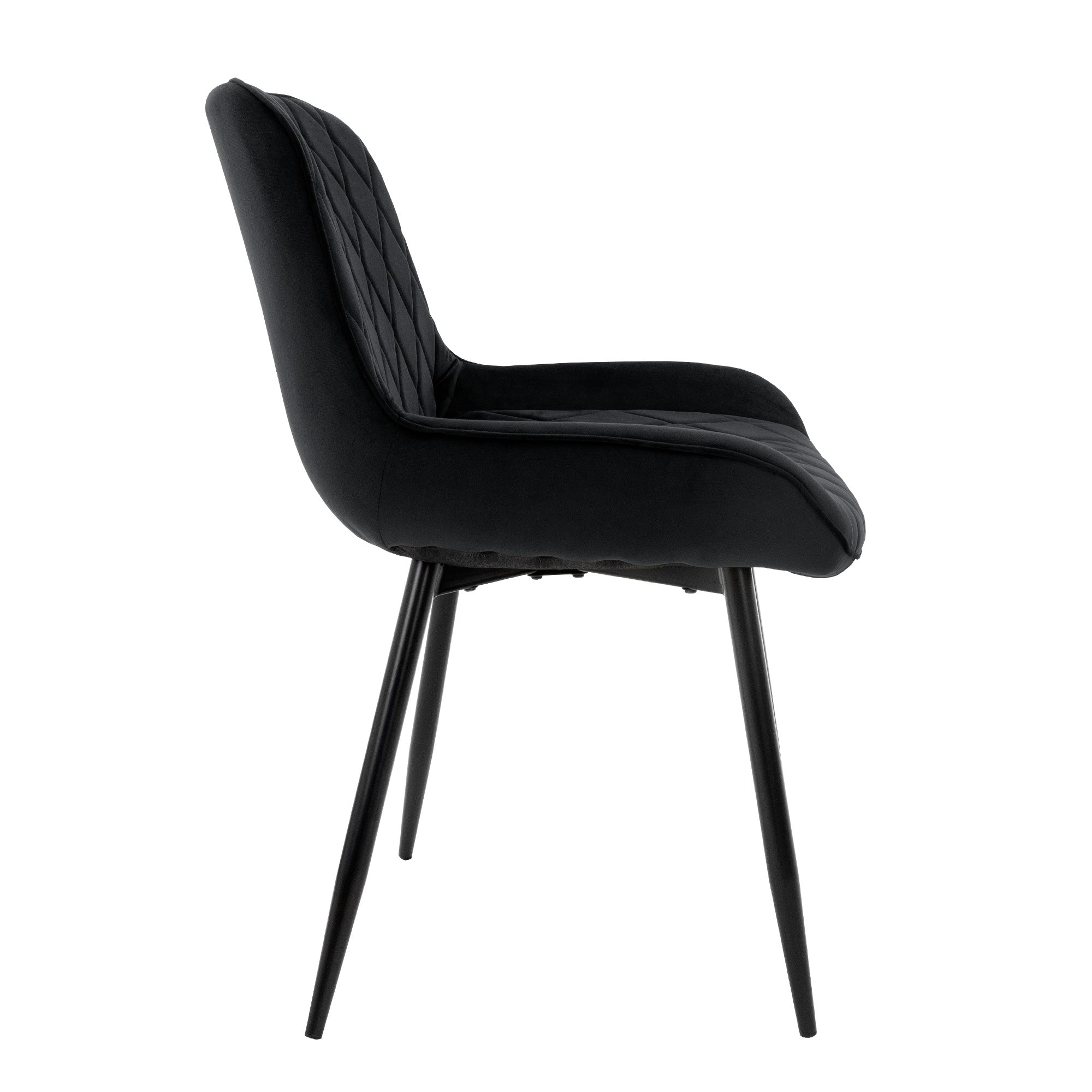 Side view of a black chair with a diagonal pattern.