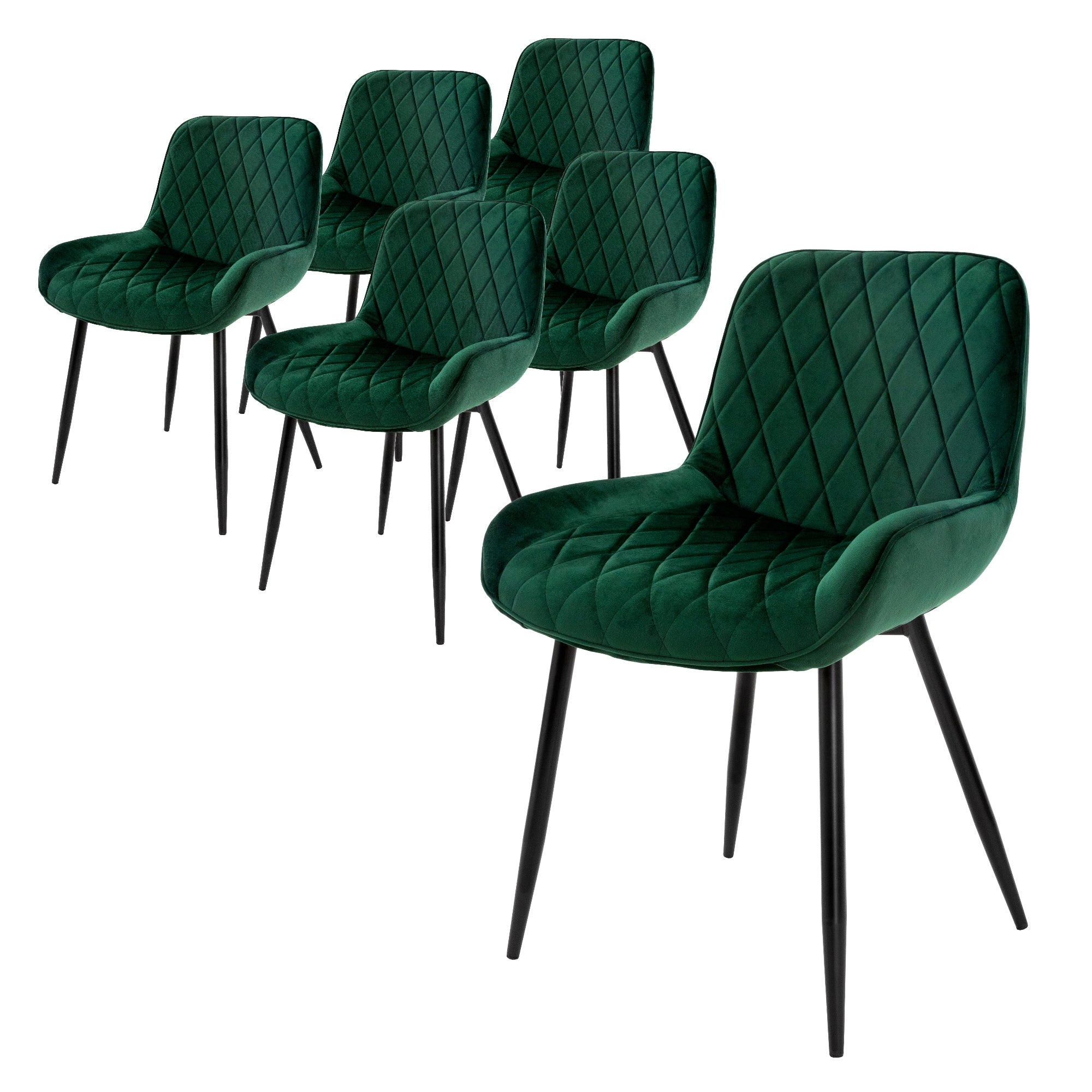 Seis sillas verdes con tapizado en forma de diamante sobre patas negras.