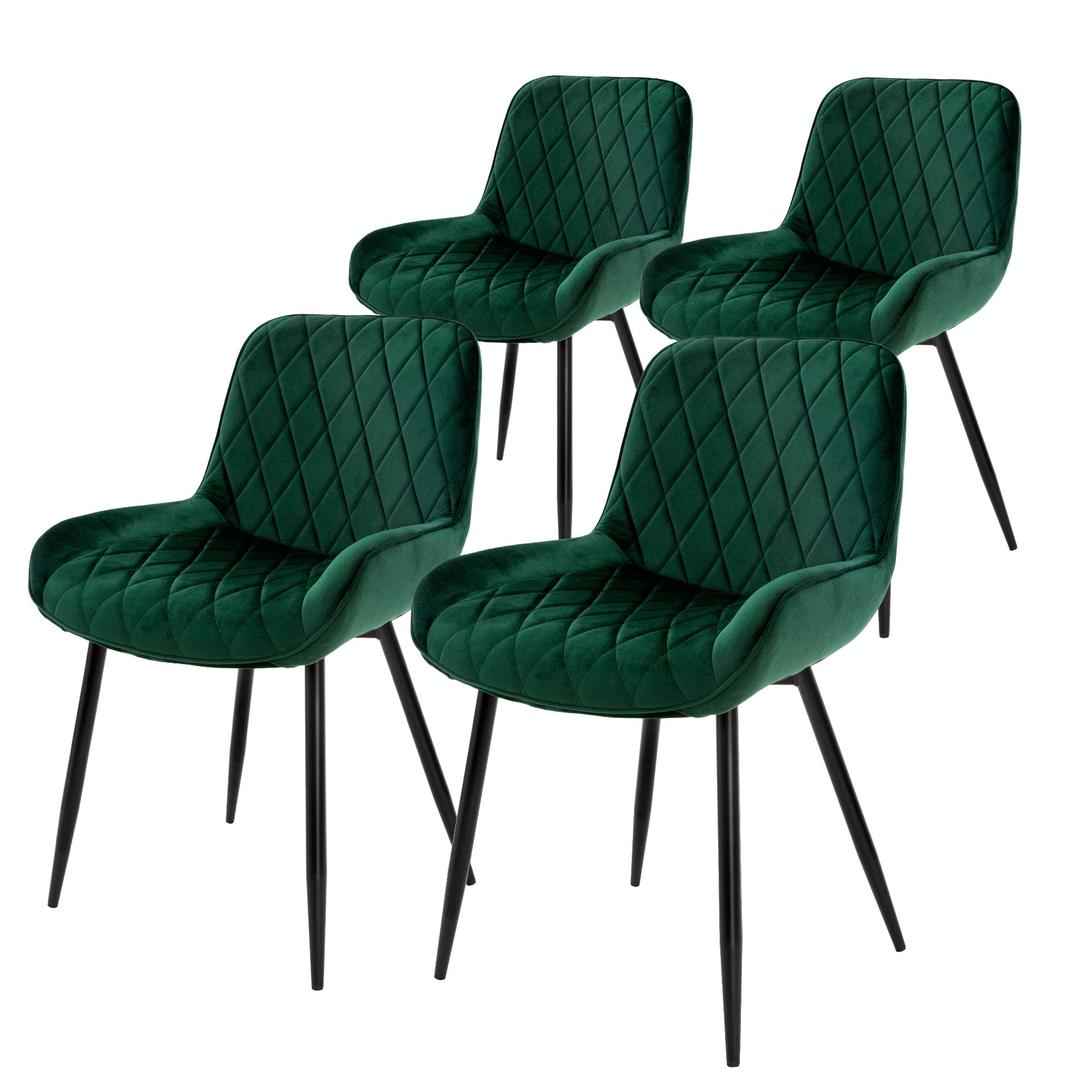 Cuatro sillas verdes con tapizado en forma de diamante sobre patas negras.