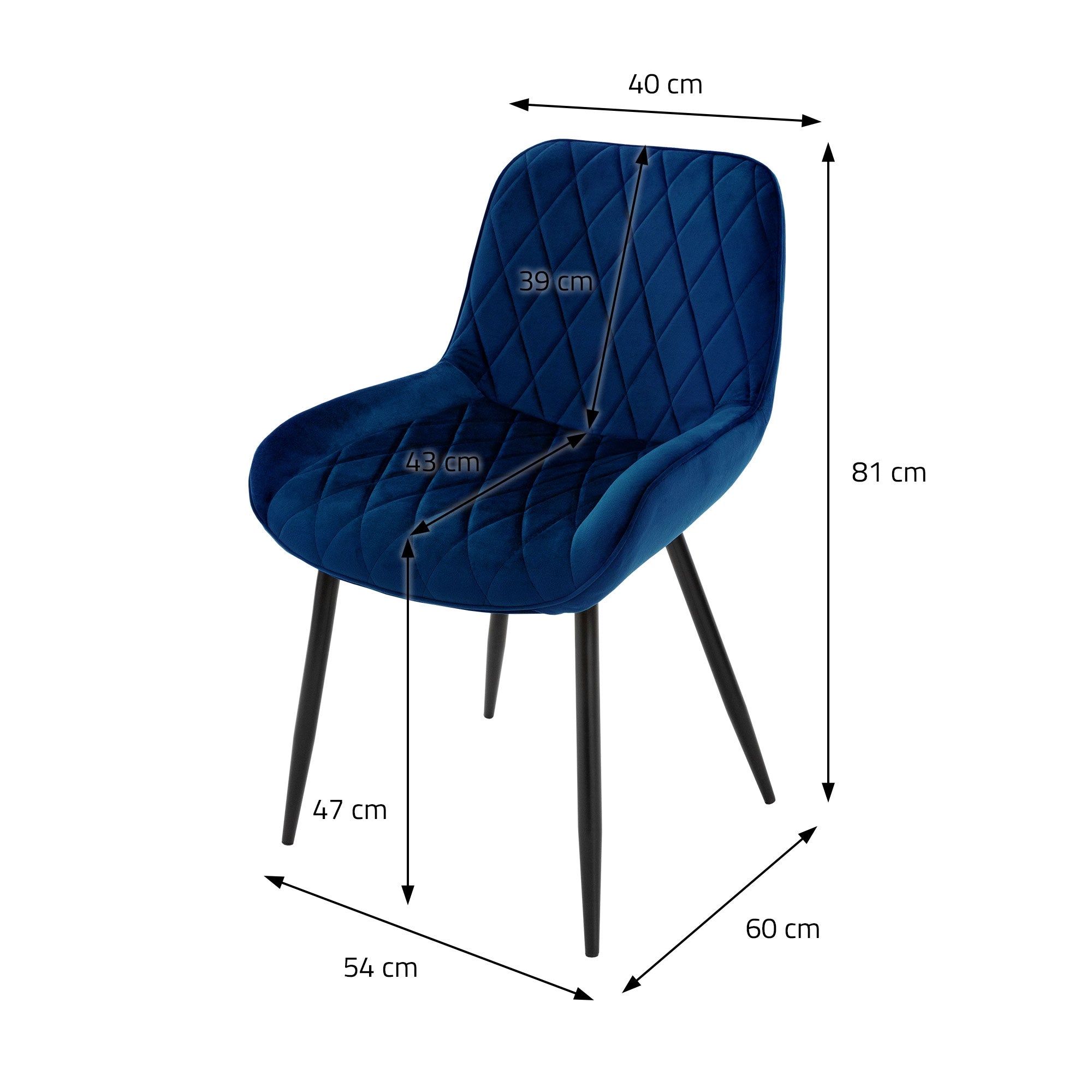 Blauer Stuhl mit Maßen: 40 cm Breite, 60 cm Tiefe, 81 cm Höhe.