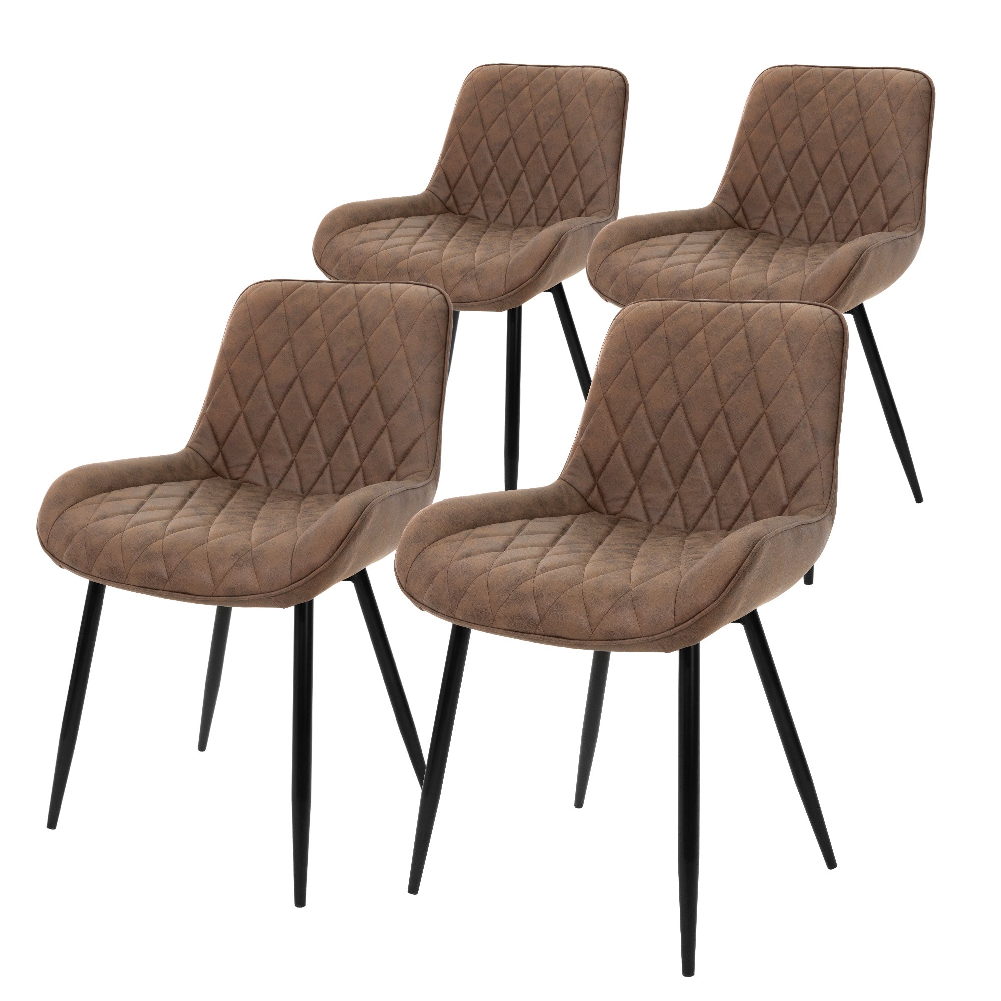 Four brown chairs with diamond-shaped upholstery and black legs.