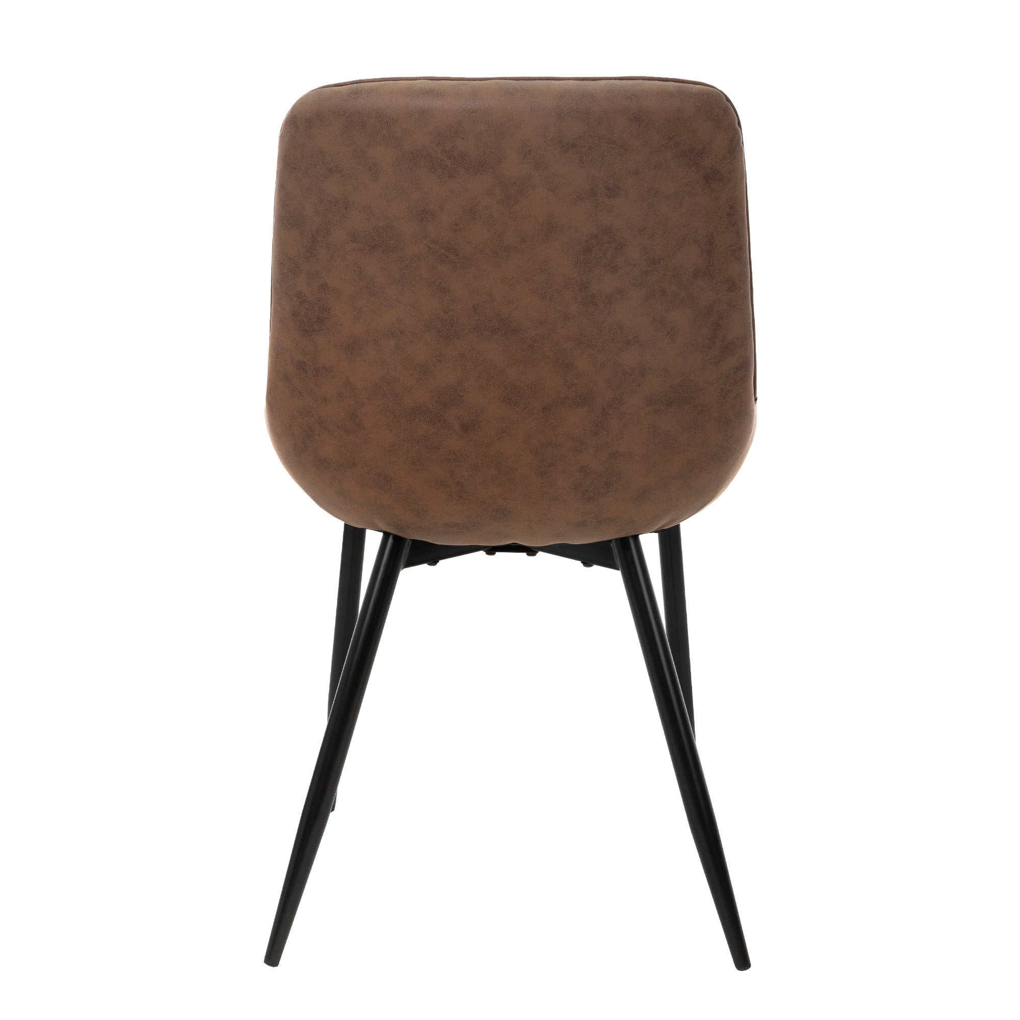 Rückansicht eines braunen Stuhls mit schwarzem Gestell.