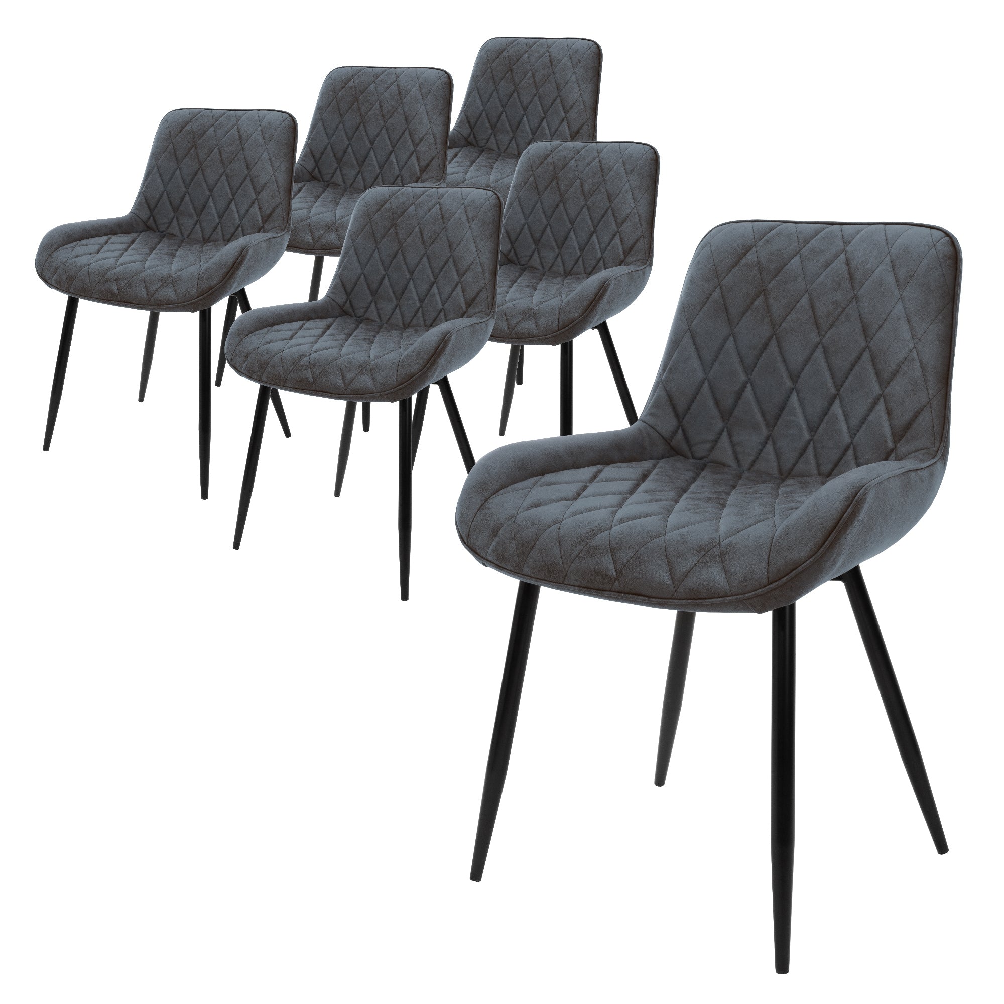 Seis sillas grises con tapizado en forma de diamante y patas negras.