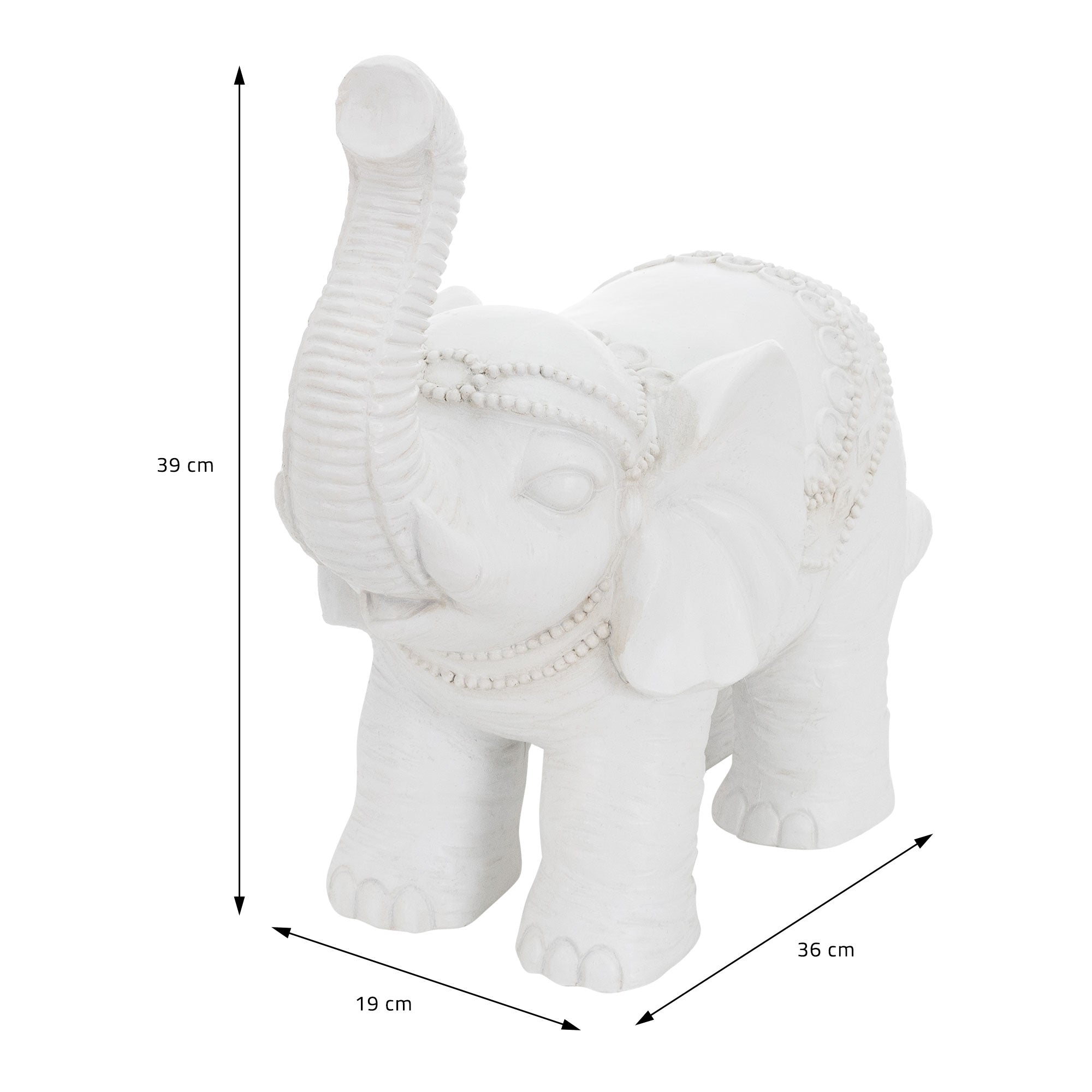 Weißer Elefant aus Kunststoff mit Maßen, auf einem weißen Hintergrund.