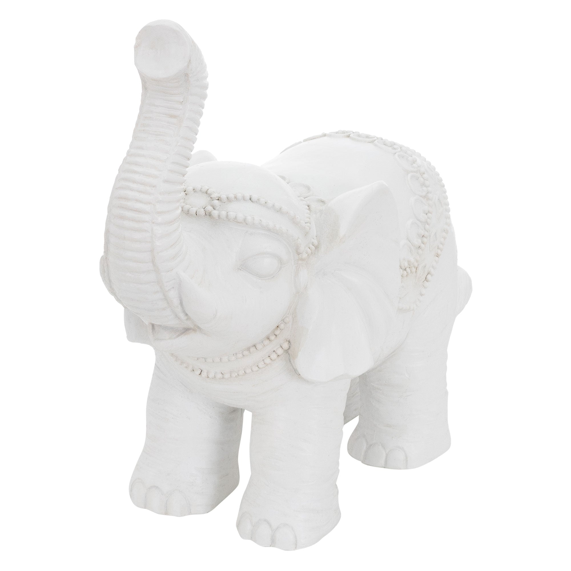 Weißer Elefant mit erhobenem Rüssel und Verzierungen.