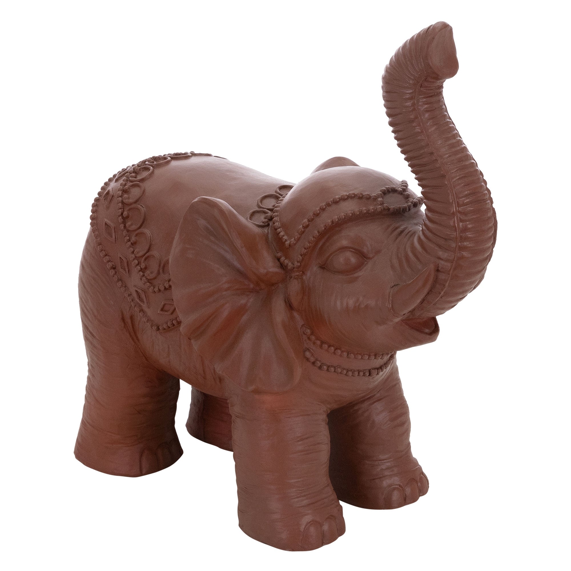 Brauner Elefant aus Kunstharz mit verzierten Ohren und erhobenem Rüssel.
