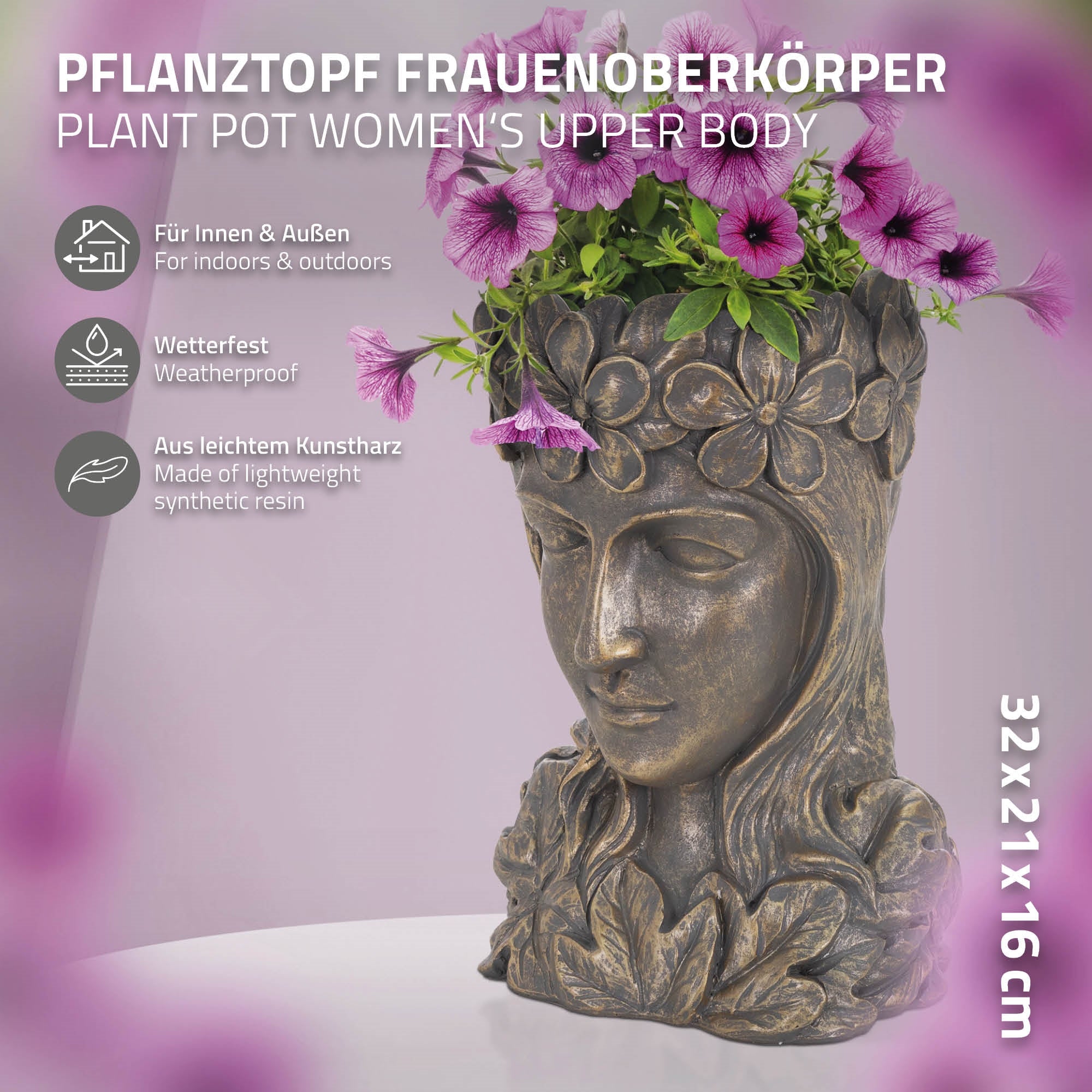 Ein Pflanztopf in Form eines Frauenoberkörpers mit Blumen, auf einem hellen Hintergrund.