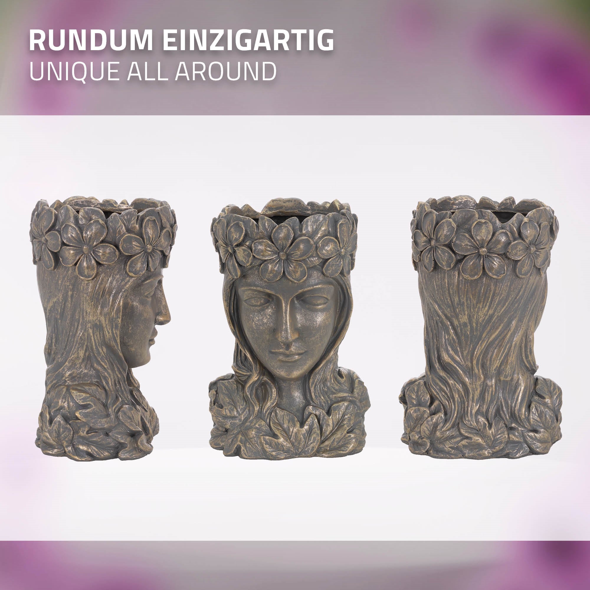 Drei Ansichten eines dekorativen Blumentopfs mit floralen Motiven.