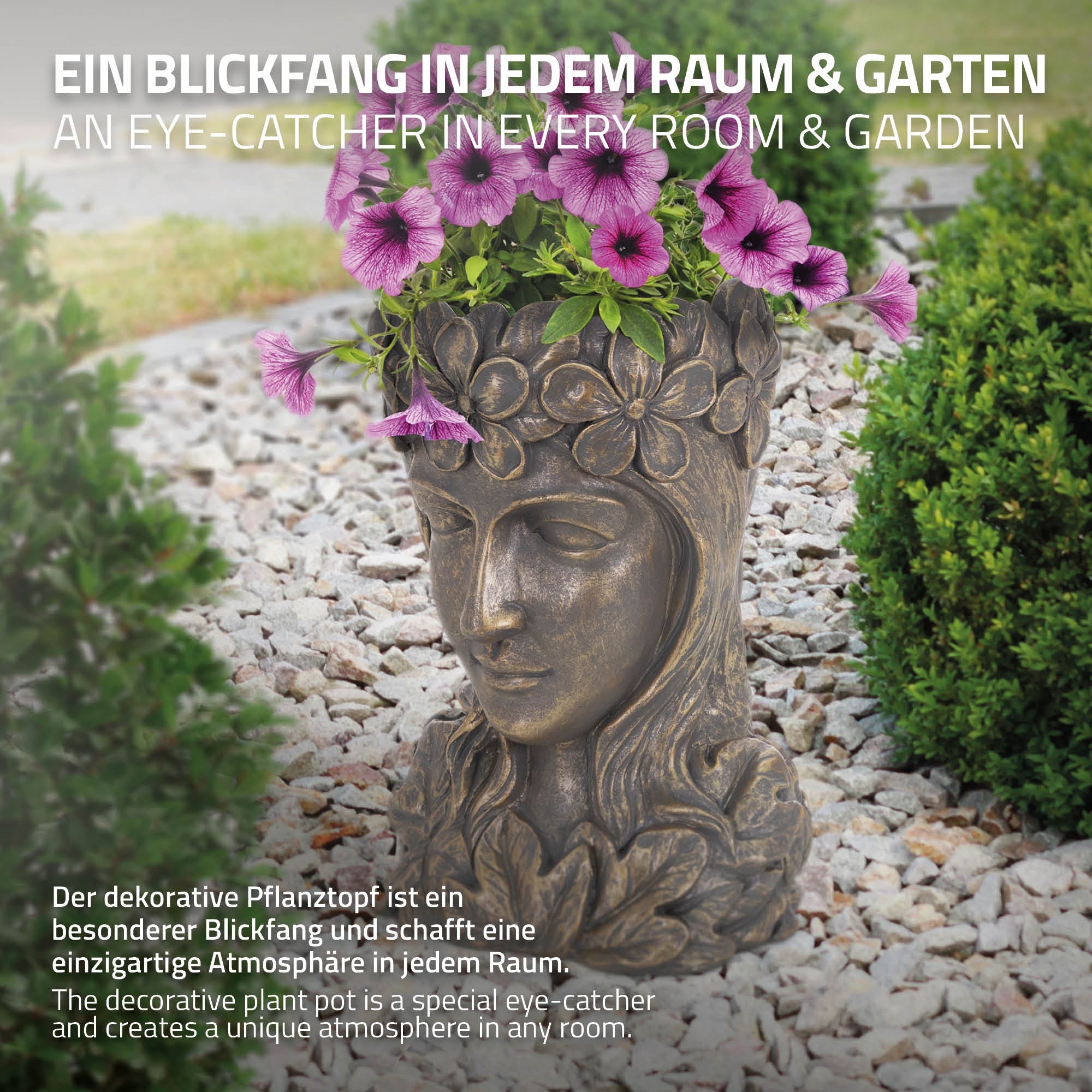 Dekorativer Pflanztopf in Form eines Kopfes mit Blumenarrangement.