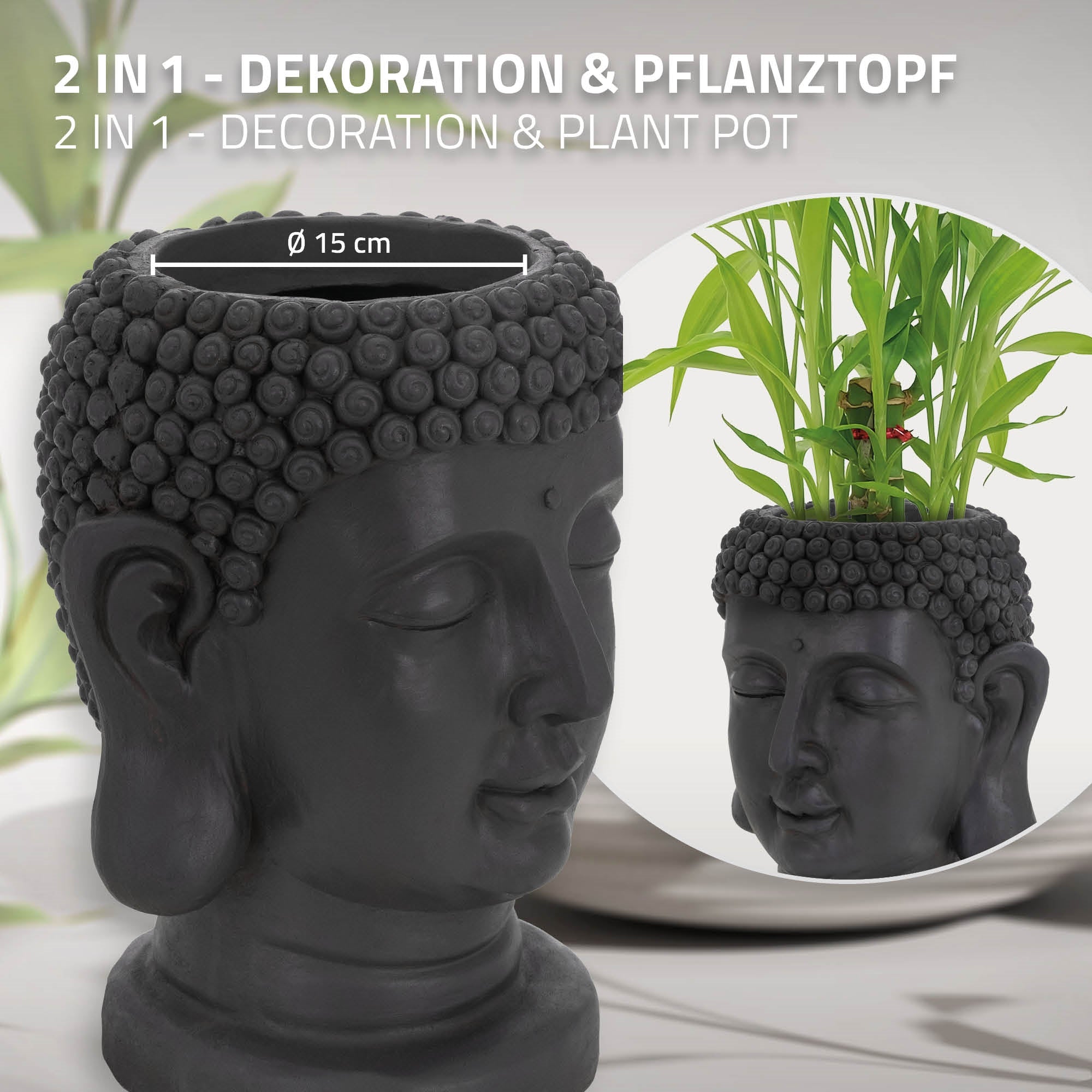 Schwarzer Buddha-Kopf als Dekoration und Pflanztopf mit Pflanzen.