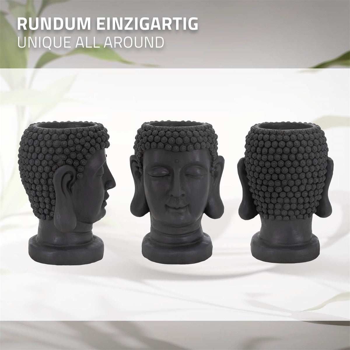 Három nézet egy Buddha-fej formájú virágtartóról.