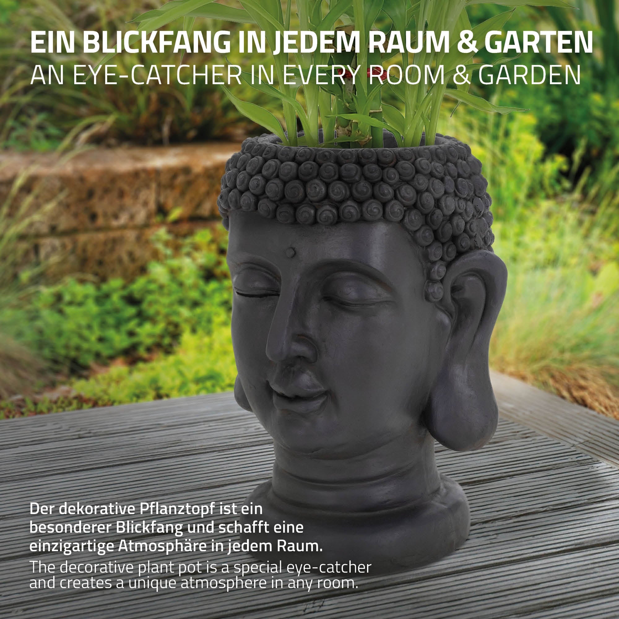Schwarzer Buddha-Pflanztopf mit Pflanzen.