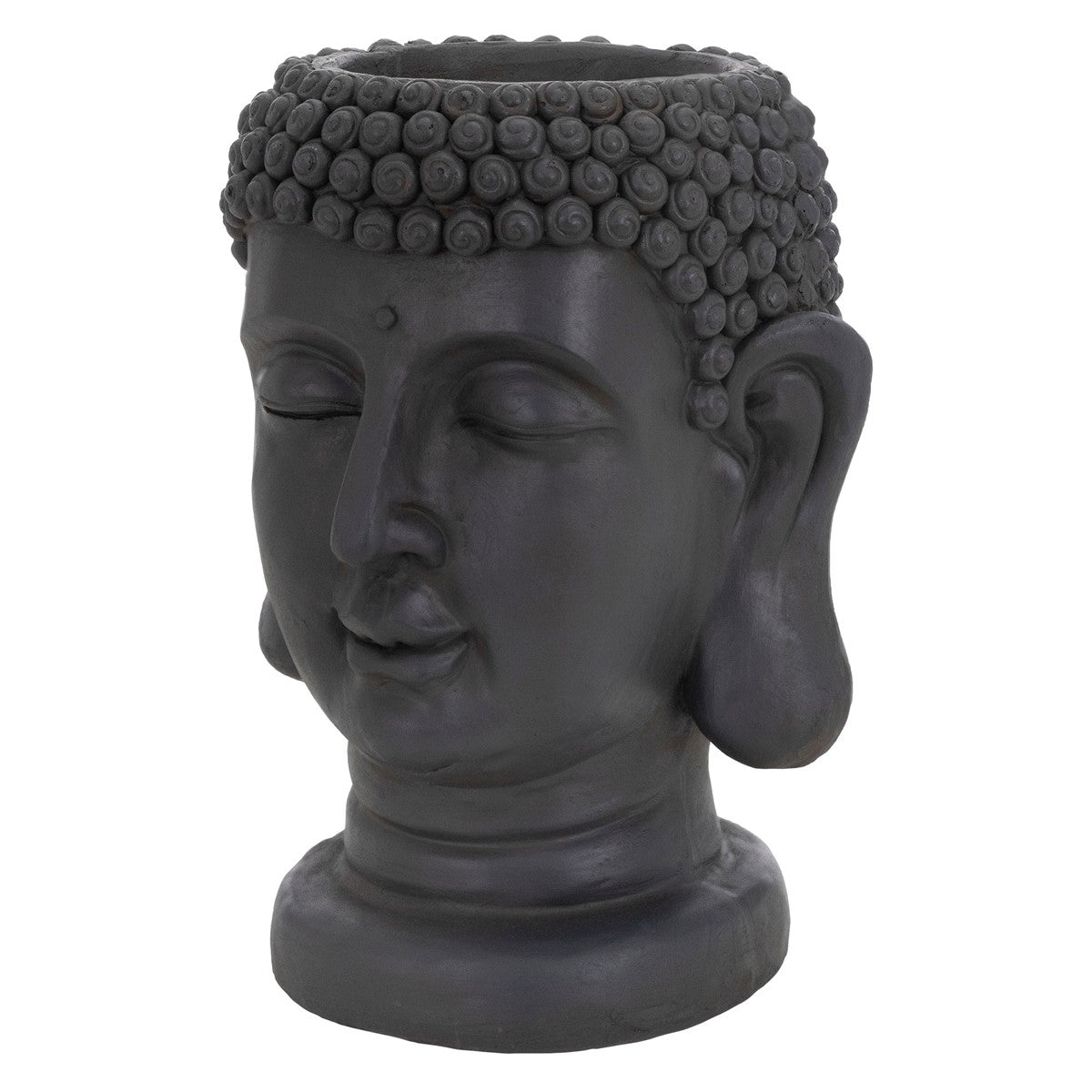 Fekete, Buddha fejét formázó virágcserép.