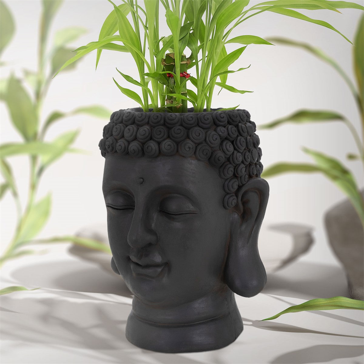 Buddha alakú virágcserép növényekkel, semleges háttér előtt.