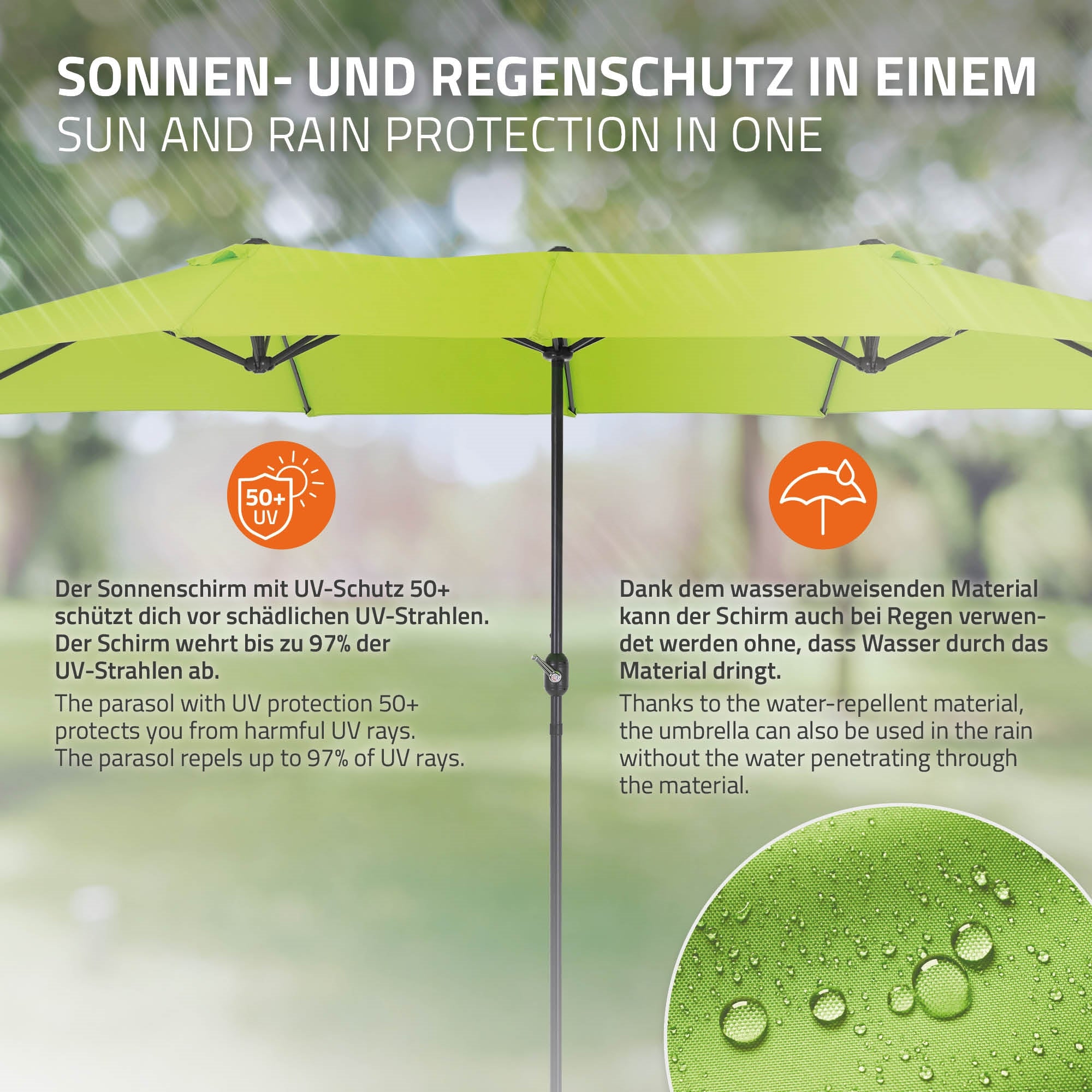 Sun umbrella with UV protection and water-repellent material outdoors.