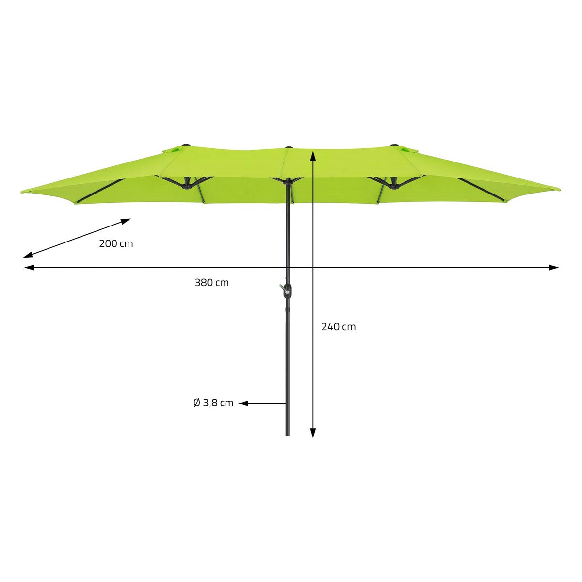Zöld napernyő méretei: 200 cm magas, 380 cm átmérőjű, 240 cm kinyúlású.