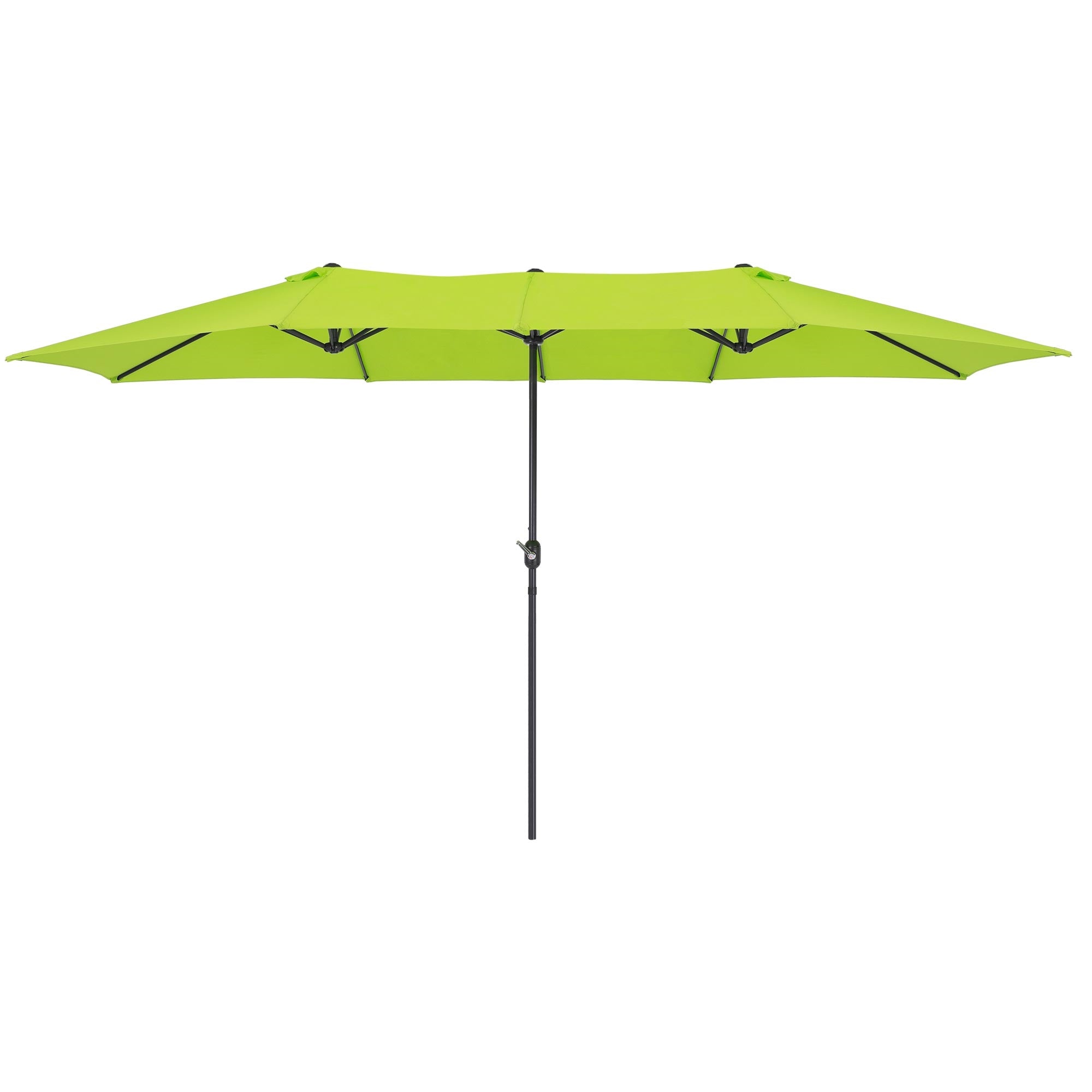 Green sun umbrella on a stand, opened and placed outdoors.