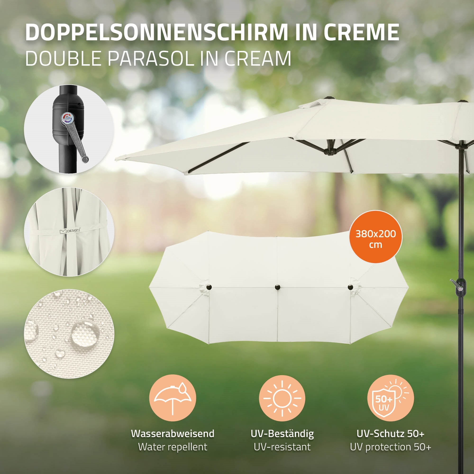 A cream-colored sun umbrella outdoors.