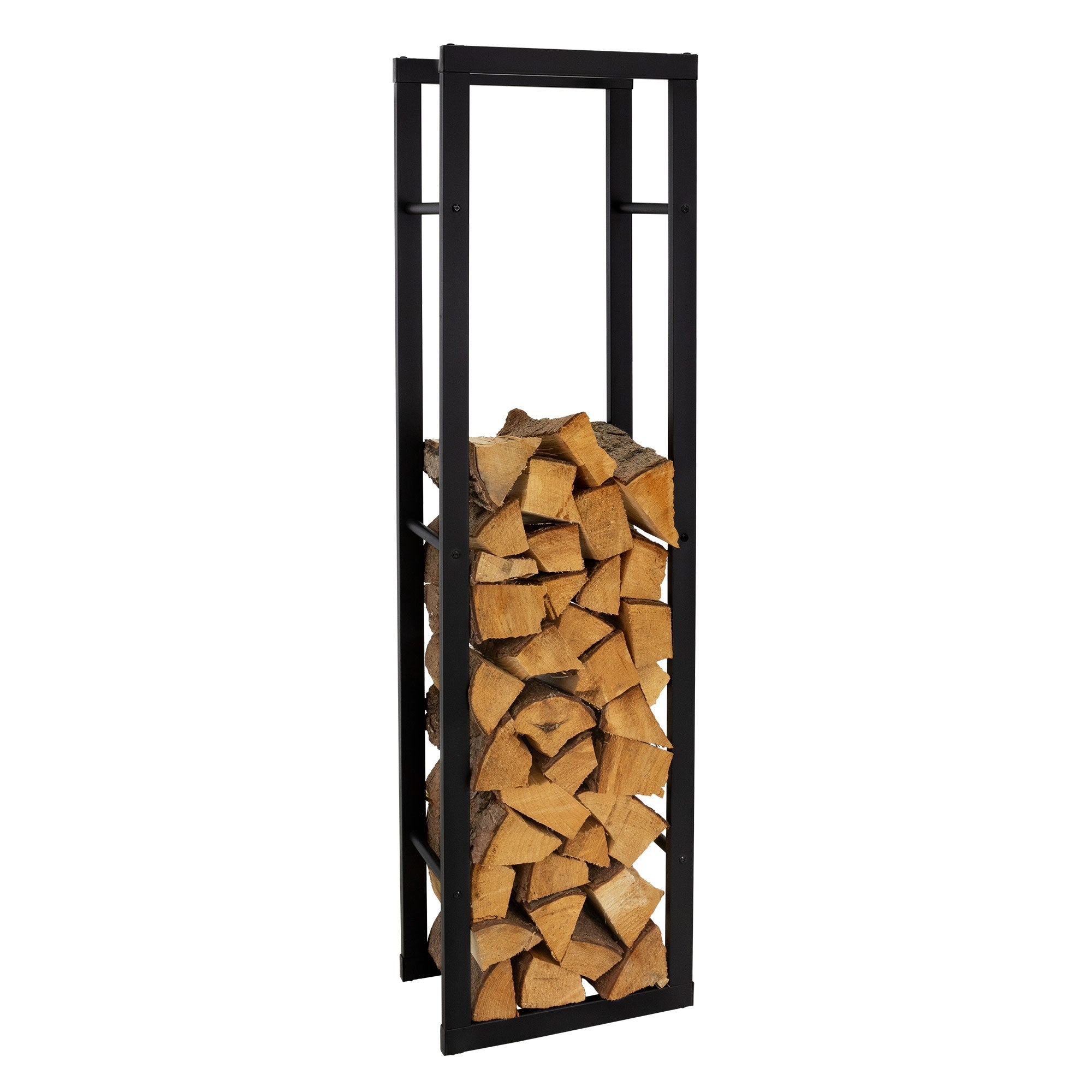 Ein schlankes Holzregal mit gestapeltem Holz, auf einem hellen Boden.