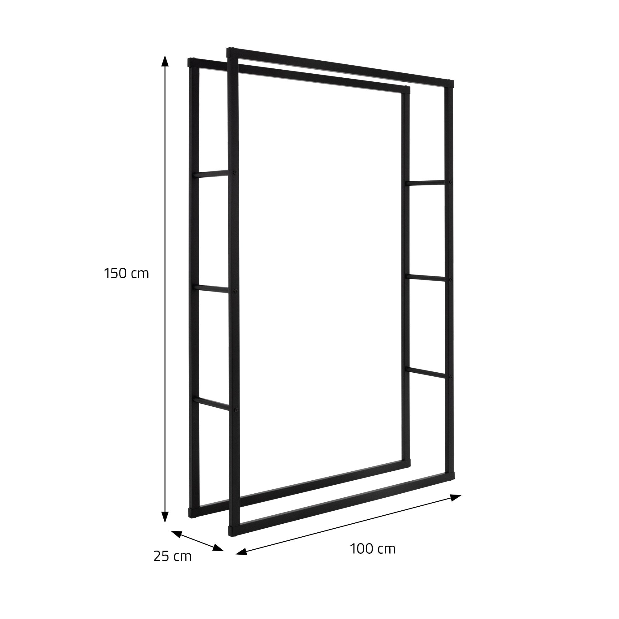 Schwarzes Metallgestell mit Maßen: 150 cm hoch, 100 cm breit, 25 cm tief.