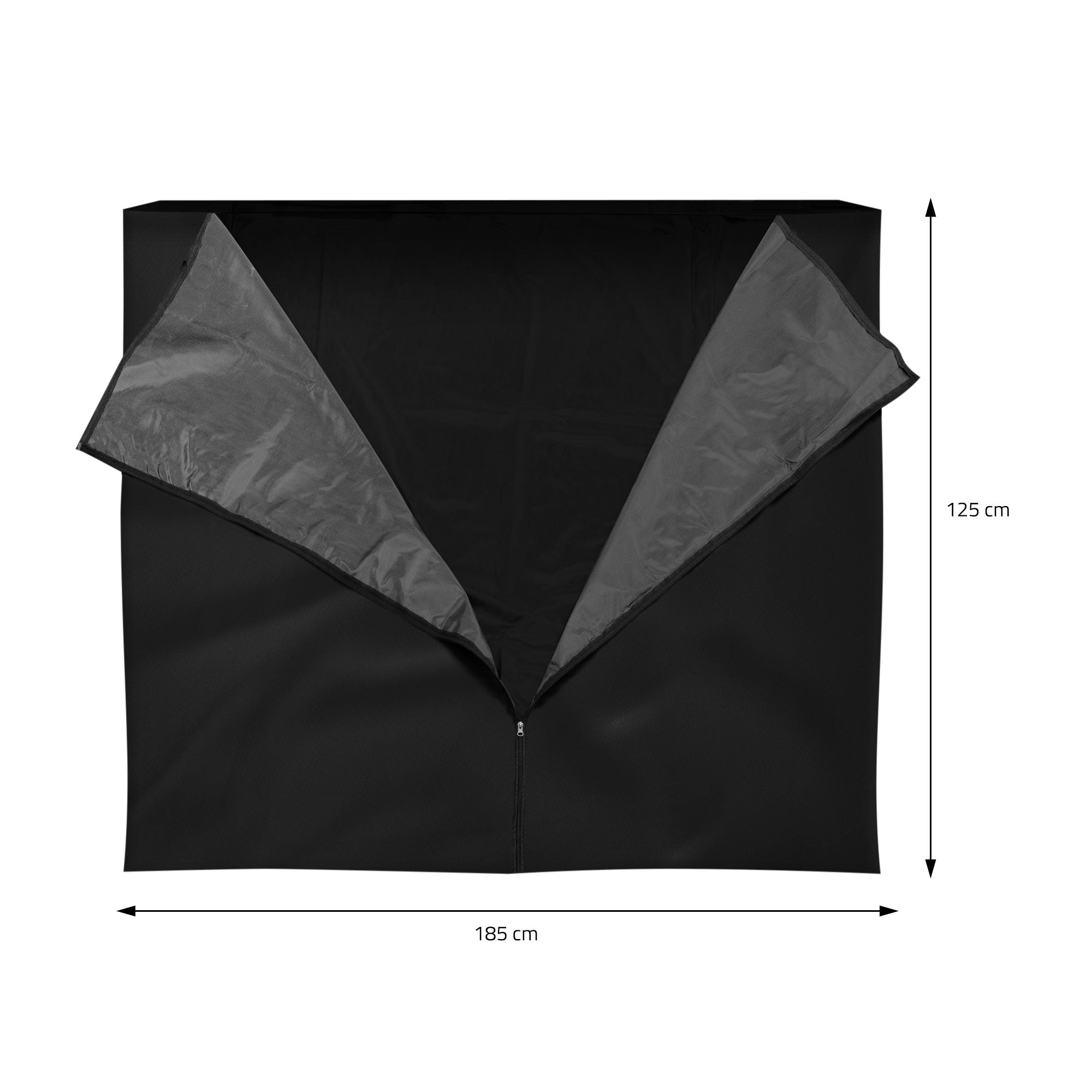 Černý kryt se šedou podšívkou, otevřený a ležící, rozměry: 185 cm x 125 cm.