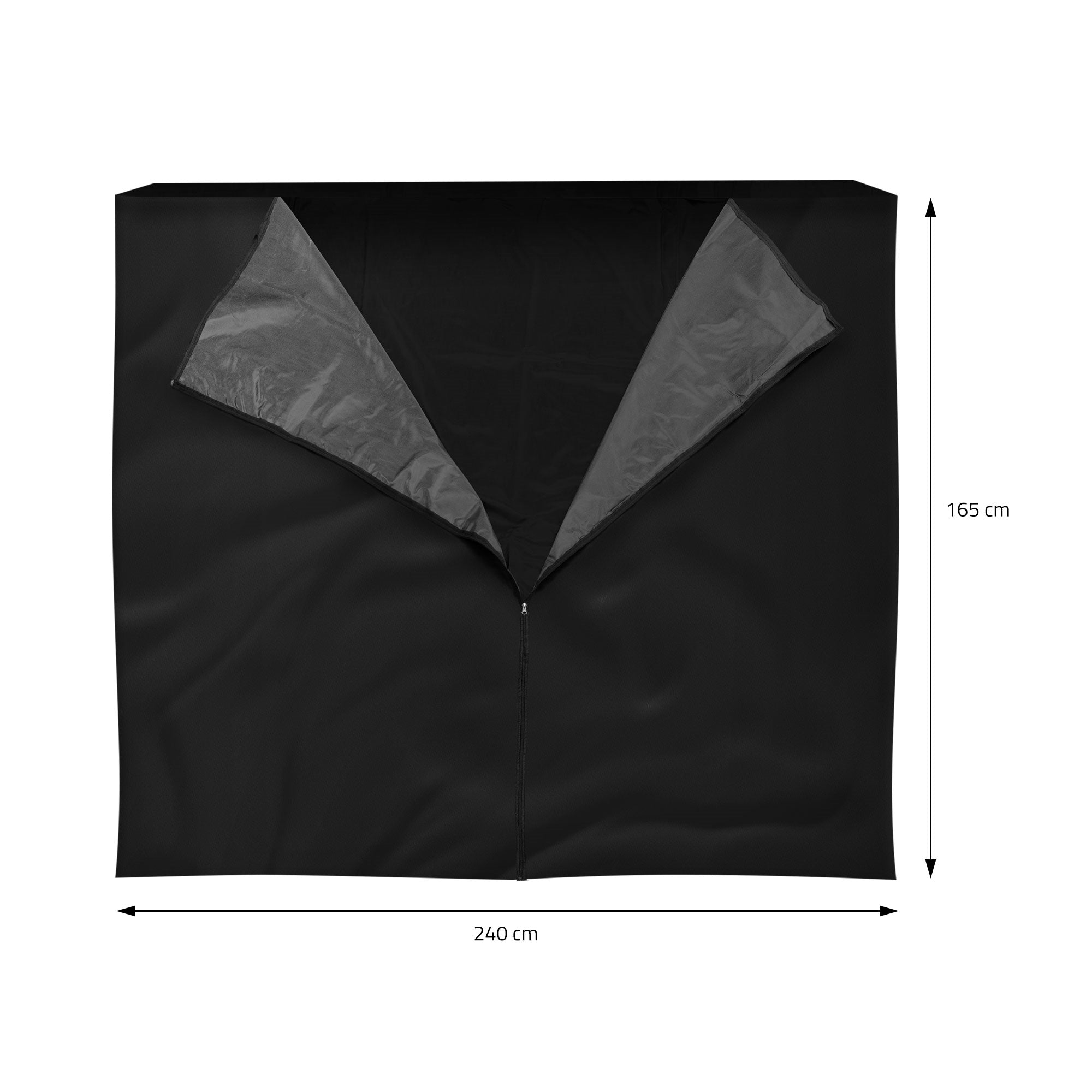 Schwarze Abdeckung mit zwei Öffnungen, Maße 240 cm x 165 cm.
