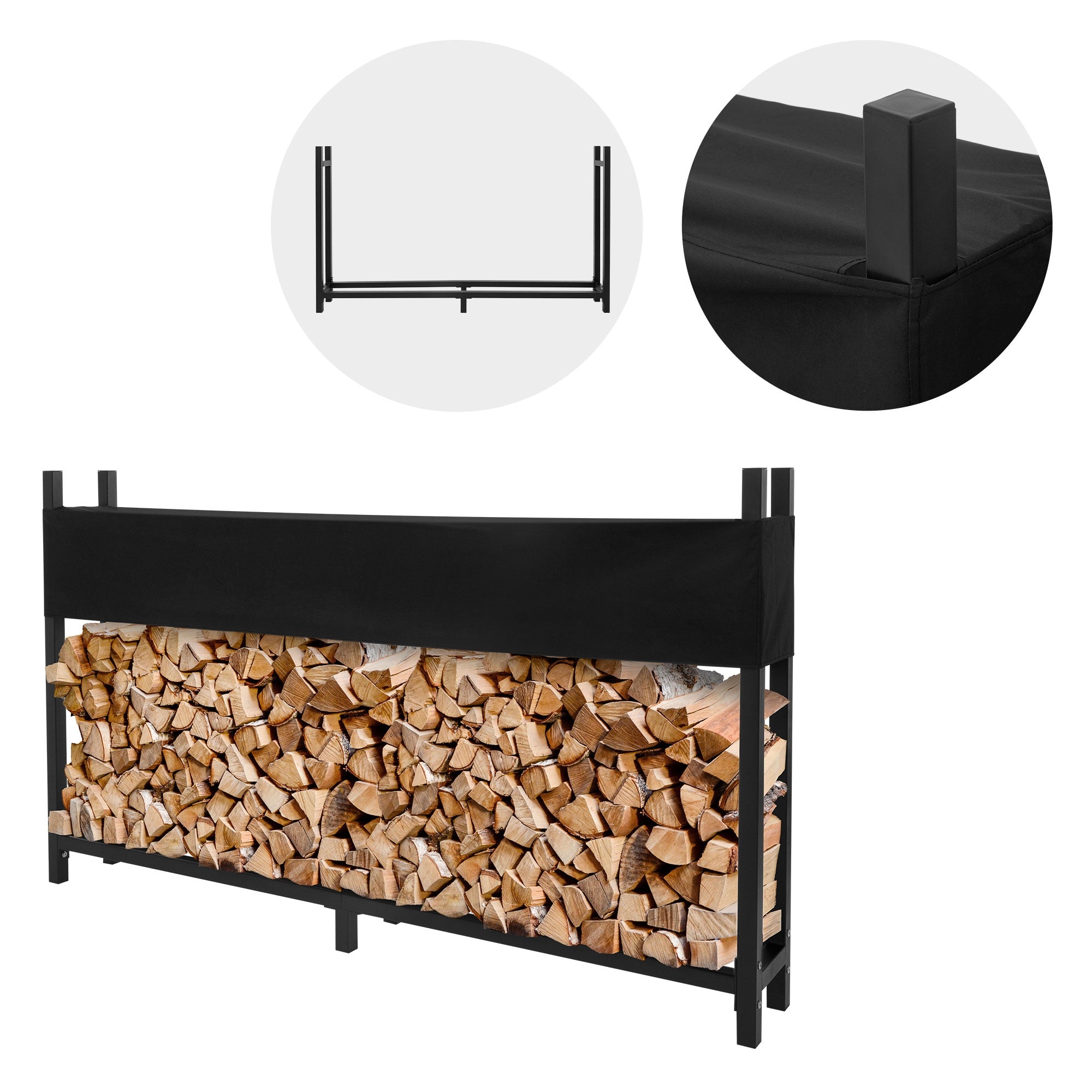 Ein schwarzes Gestell mit Holzscheiten, teilweise sichtbar, und einem Stoffbezug.