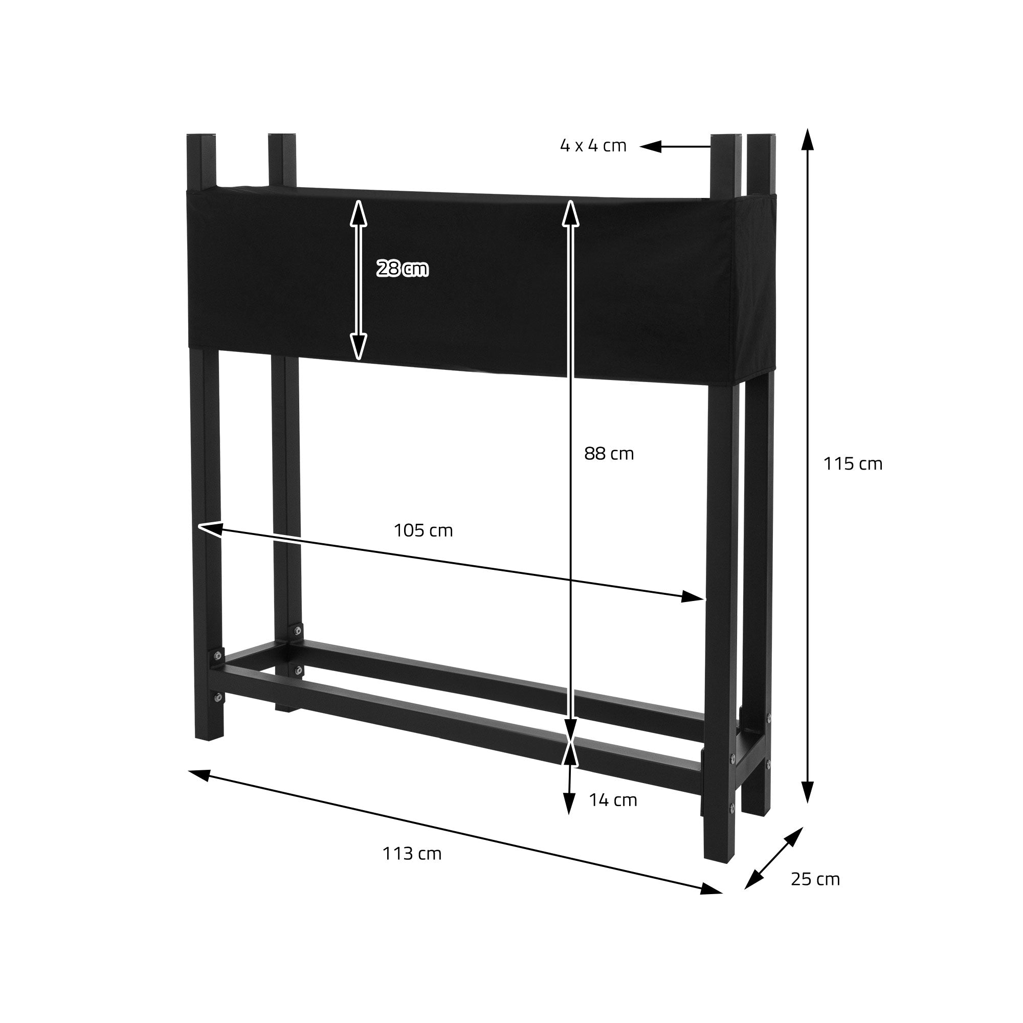 Schwarzer Pflanztisch mit Maßen, 115 cm hoch, 113 cm breit.