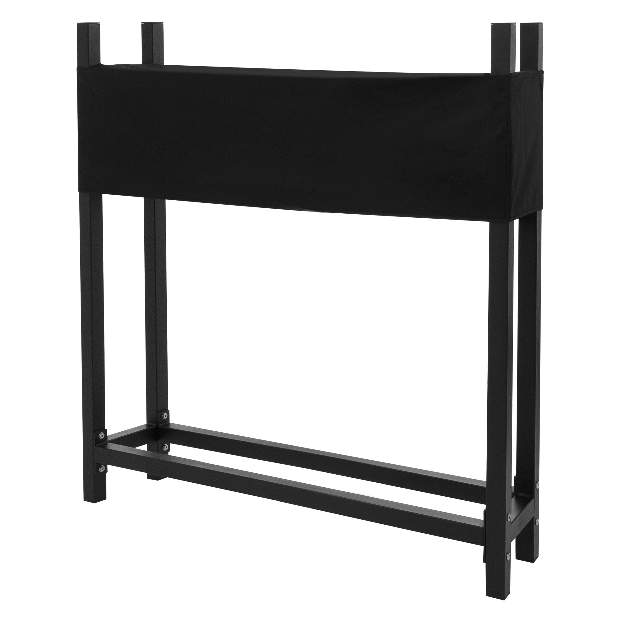 Gestell für Hochbeet mit schwarzem Stoff.