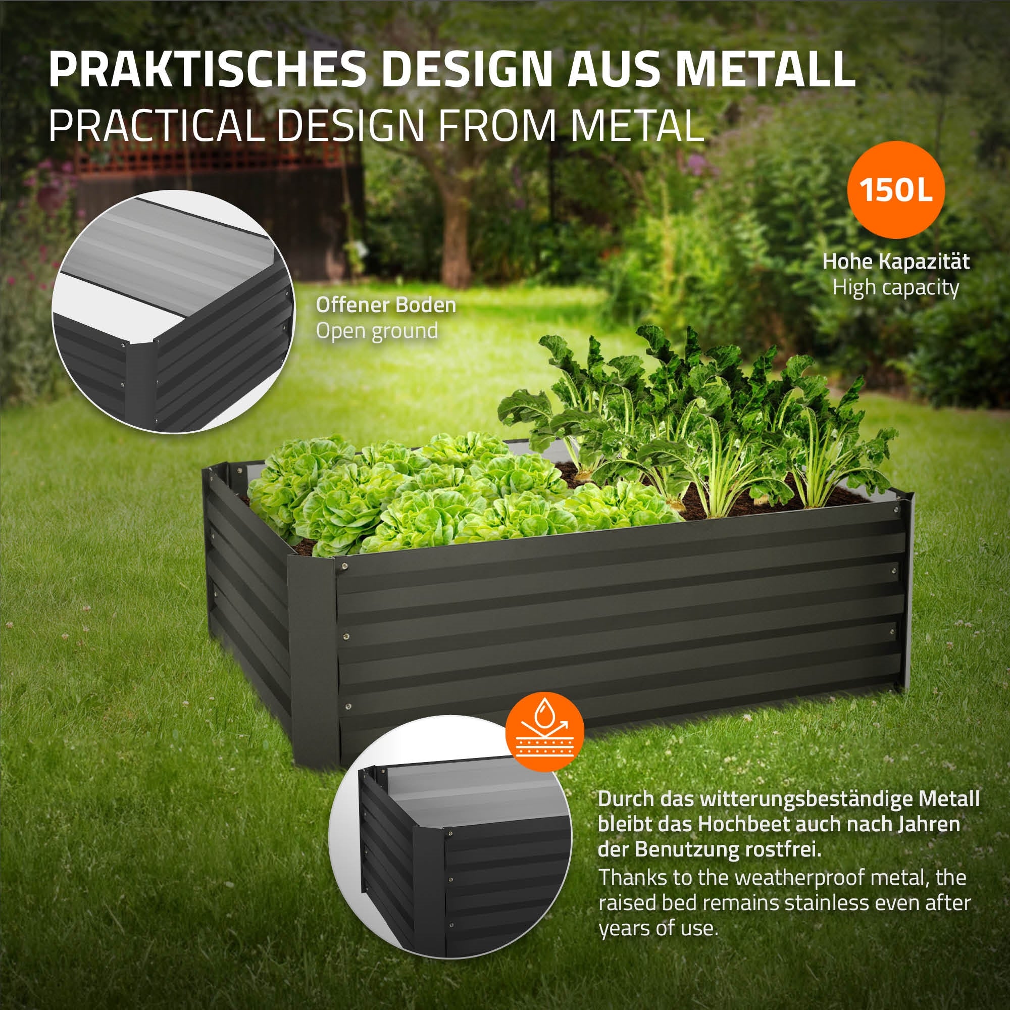 Metallisches Hochbeet mit offenem Boden und Pflanzen.