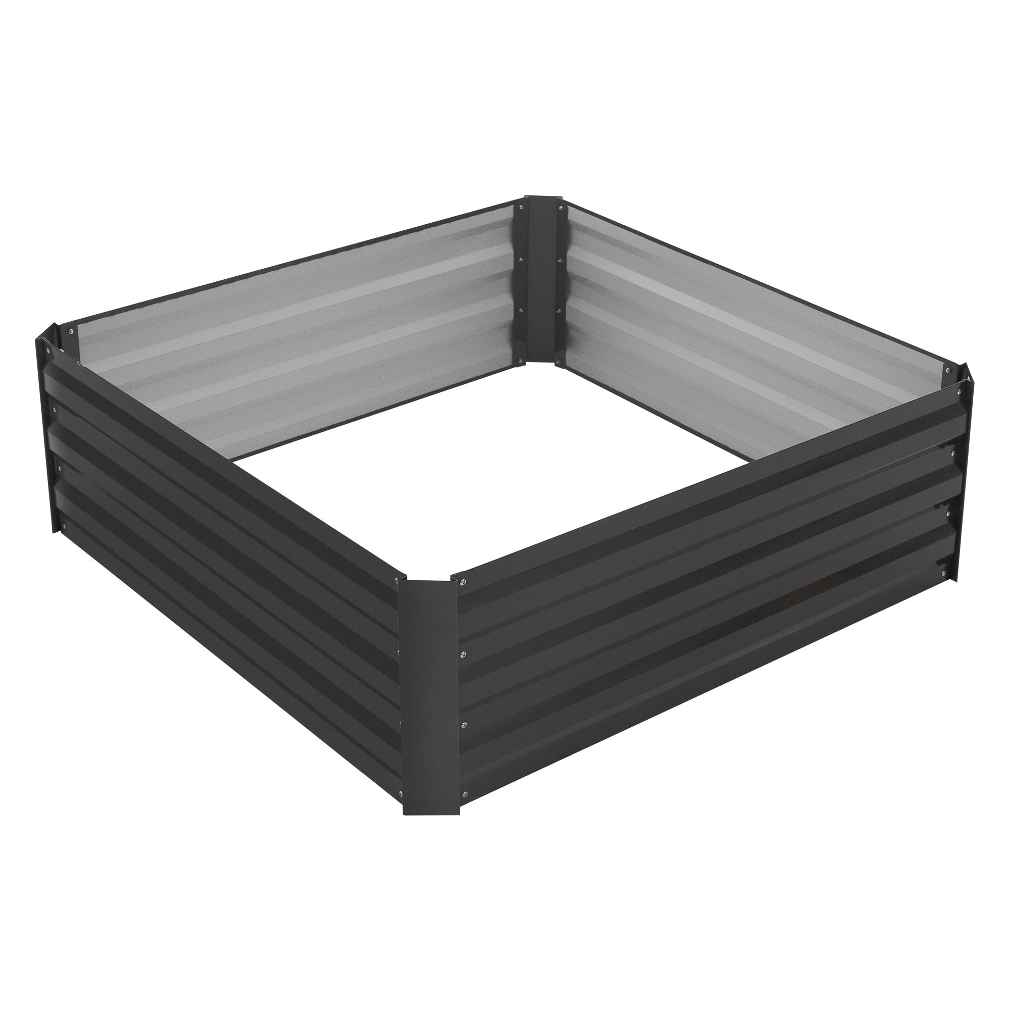 Quadratisches Hochbeet aus Metall mit grauen Wänden.
