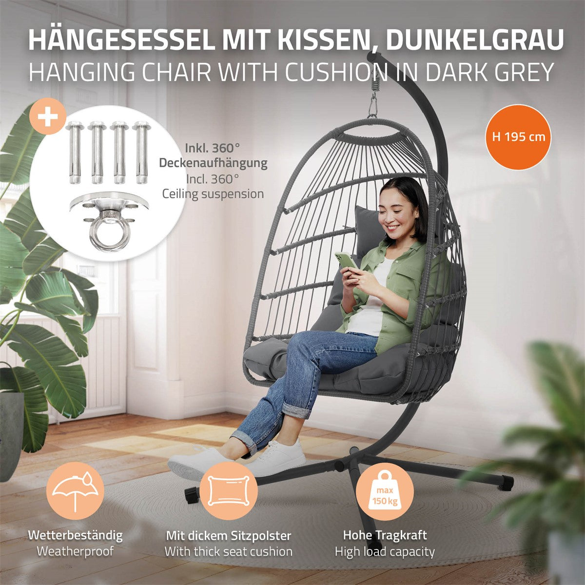Hängesessel in Dunkelgrau, mit Kissen, inklusive Aufhängungsteilen.