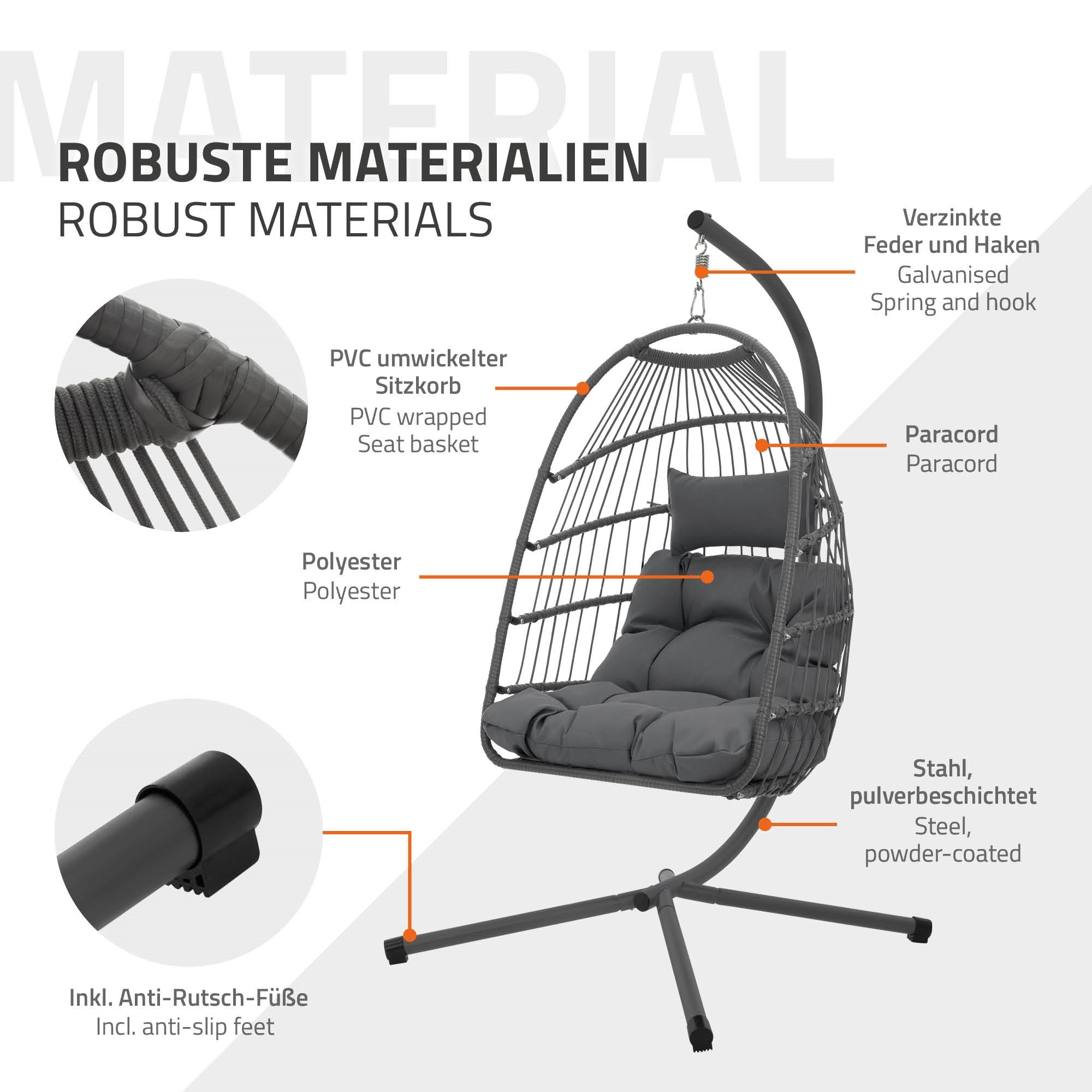 Grafik med materialer og egenskaber ved en hængestol.