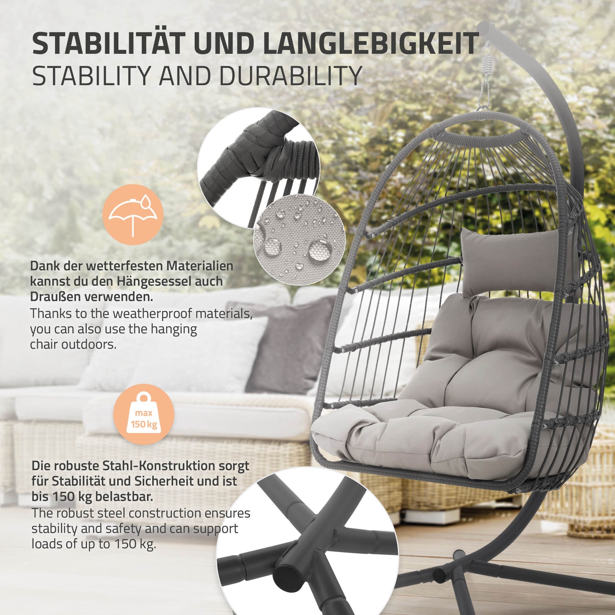 Hangstoel met weerbestendige materialen en stevige staalconstructie.