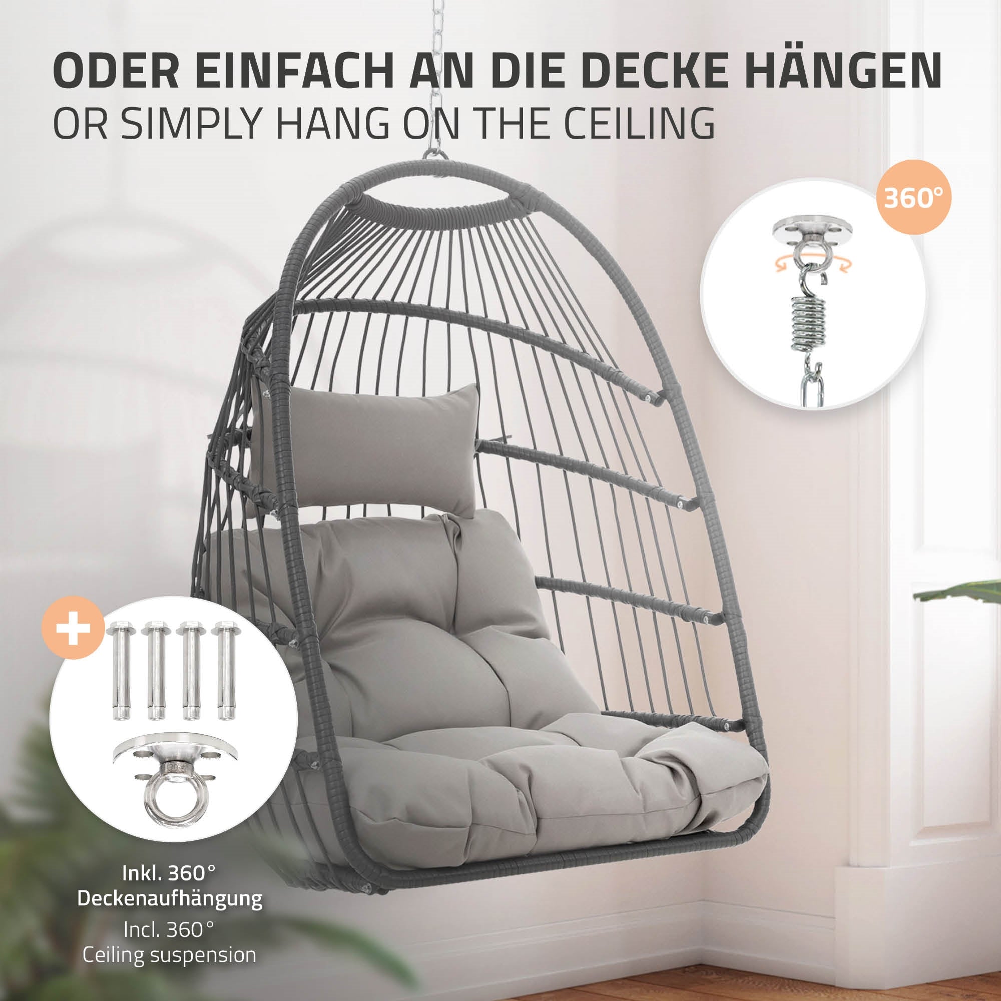 Hangstoel met plafondbevestiging en 360° draaifunctie.
